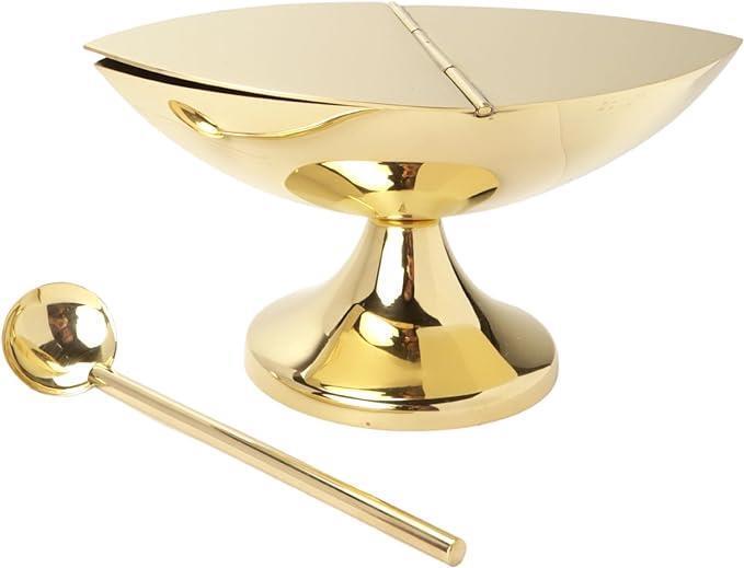 Highly Polished Brass Incense Burner Boat and Spoon Set For Censers 5.5 x 4.5 In