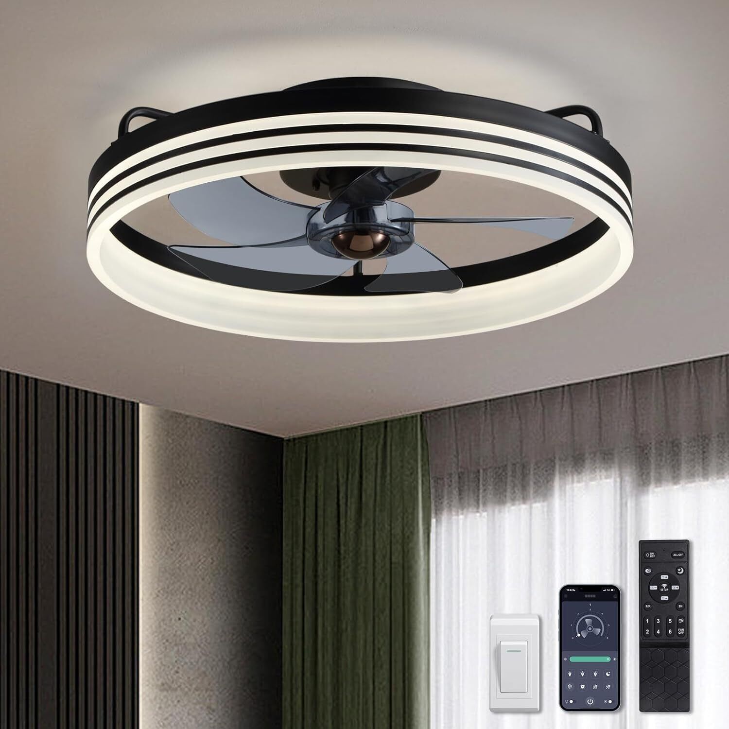 Ceiling Fans with Lights, Flush Mount Ceiling Fan with Lights and Remote, 6 Wind