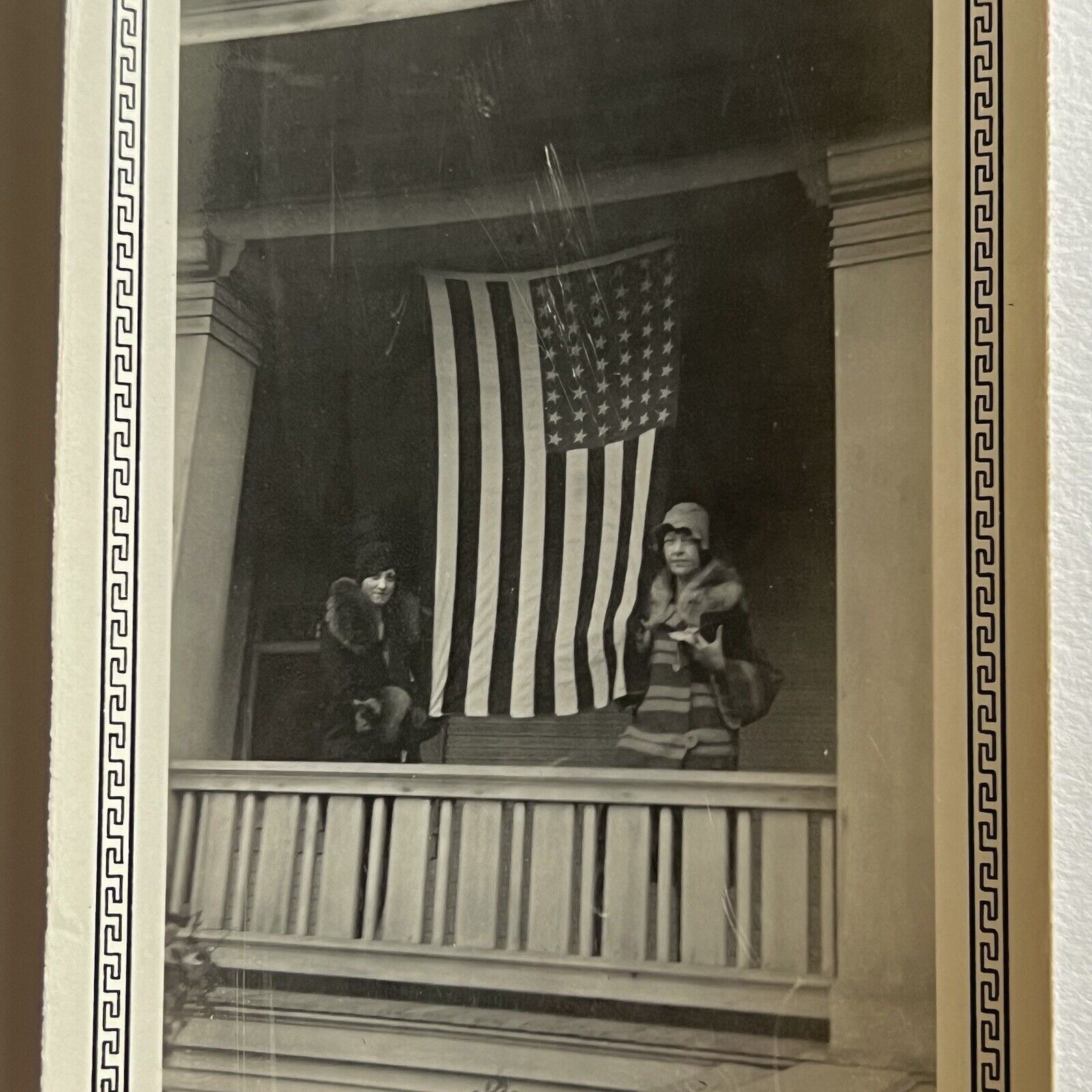 Antique B&W Snapshot Photograph Women Flapper American Flag San Antonio TX
