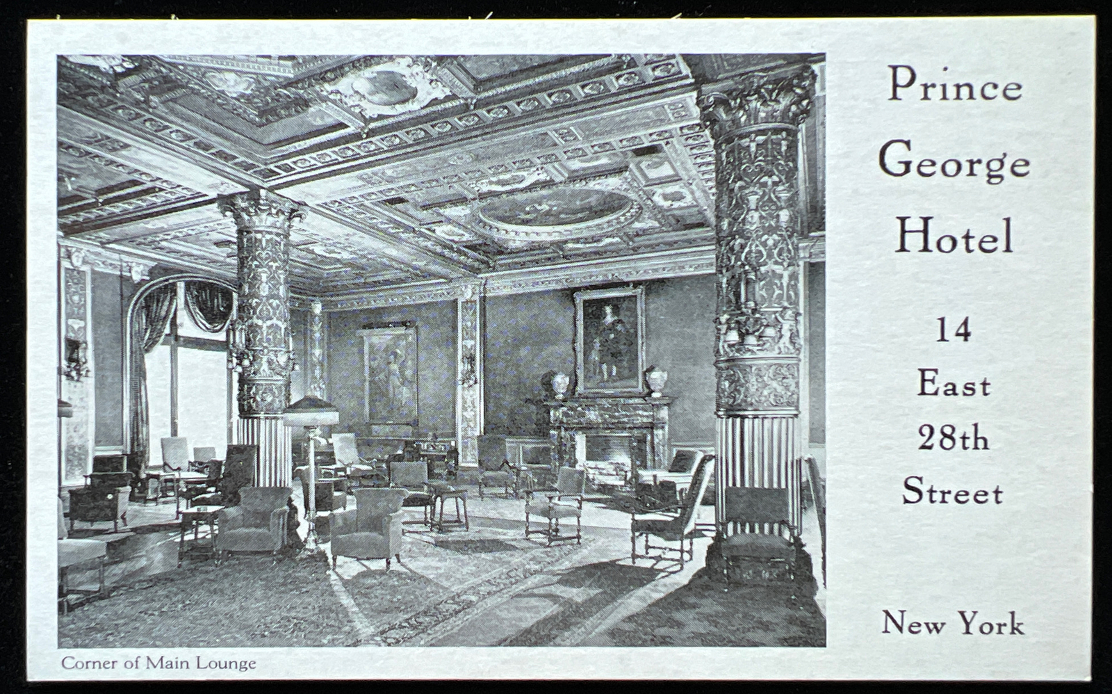 Vintage B & W Prince George Hotel Corner Of Main Lounge New York  c1939 Postcard