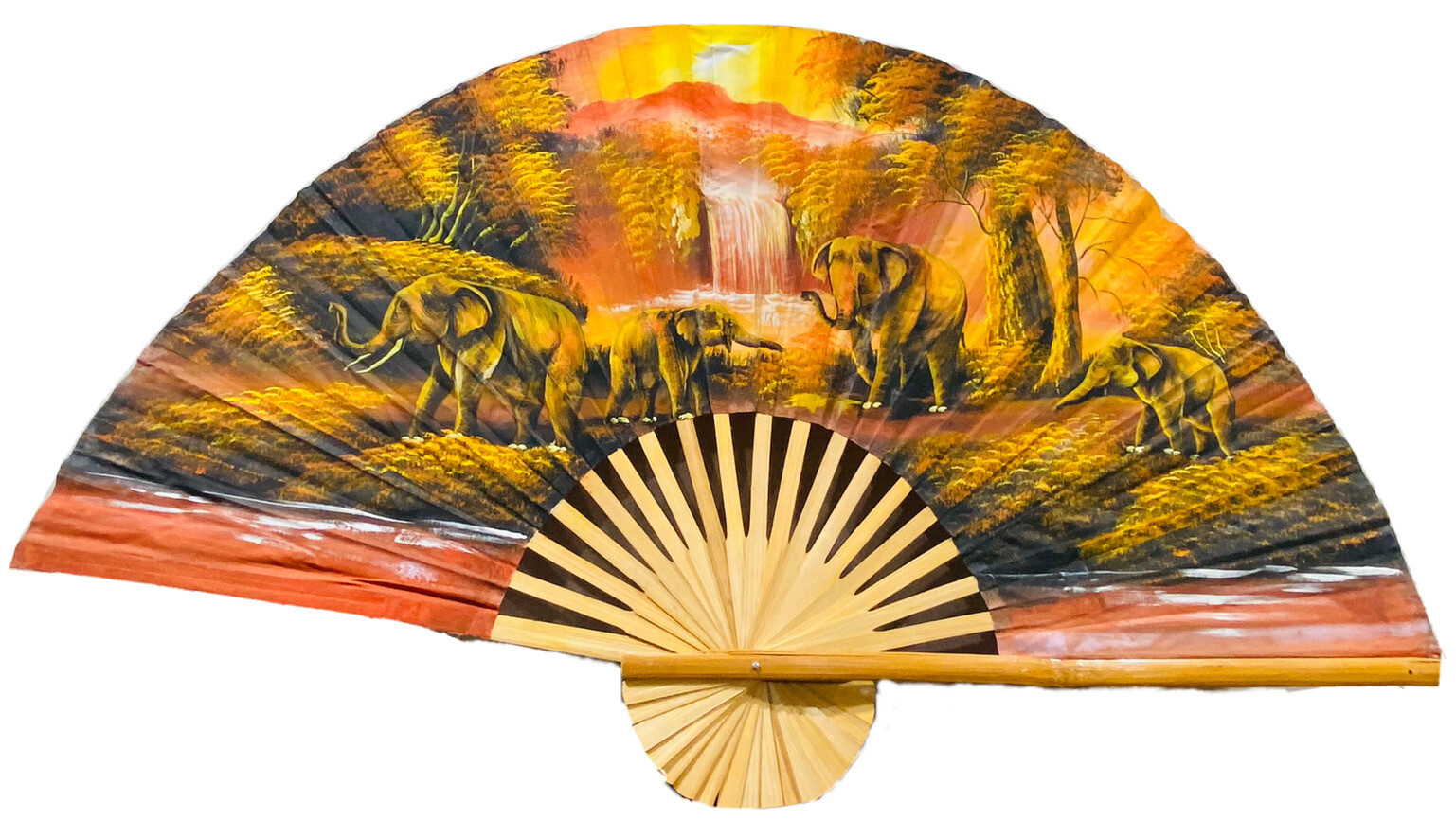 X-Large Hand painted Oriental  Fan wall art Forest Sunrise Waterfall Elephants