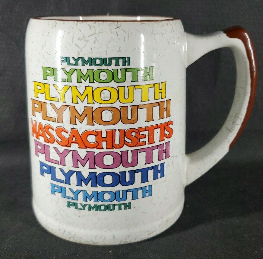 Historic Plymouth Massachusetts Stoneware Mug Colonist Historical Rainbow Letter