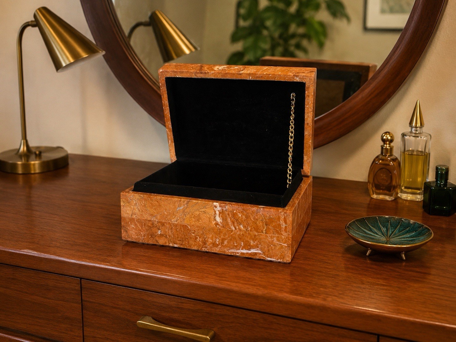 Vintage Tessellated Red Marble Jewelry Box With Velvet Lining Vintage Tessellated Red Marble Jewelry Box With Velvet Lining