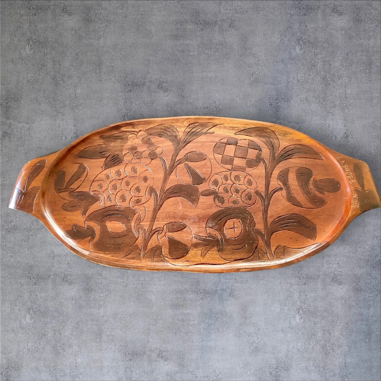 Vtg Haitian Folk Art Hand Carved Wood Serving Tray Double Handle Brown