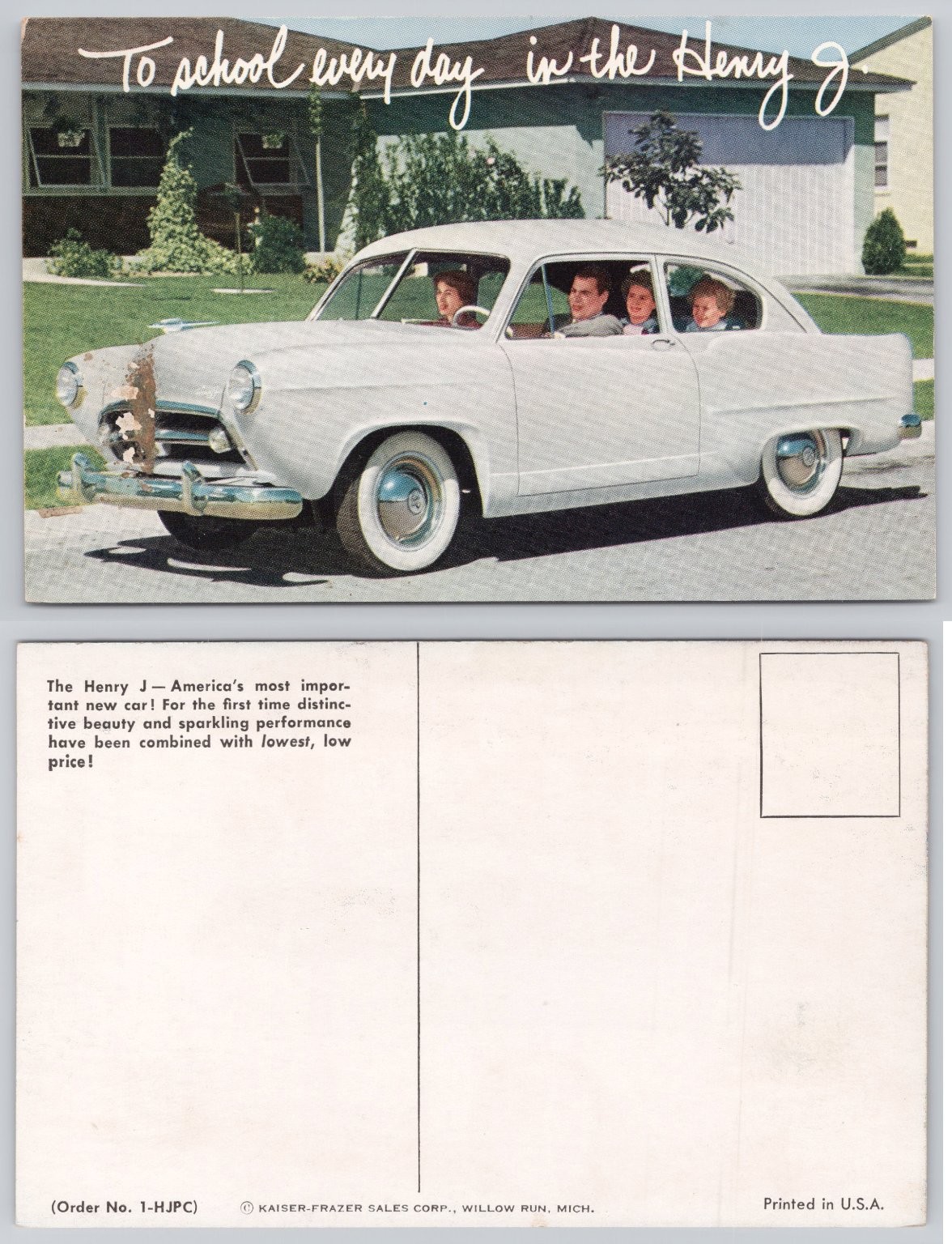 Vintage Henry J Car Postcard 1950s Kaiser-Frazer Willow Run MI Auto Ad