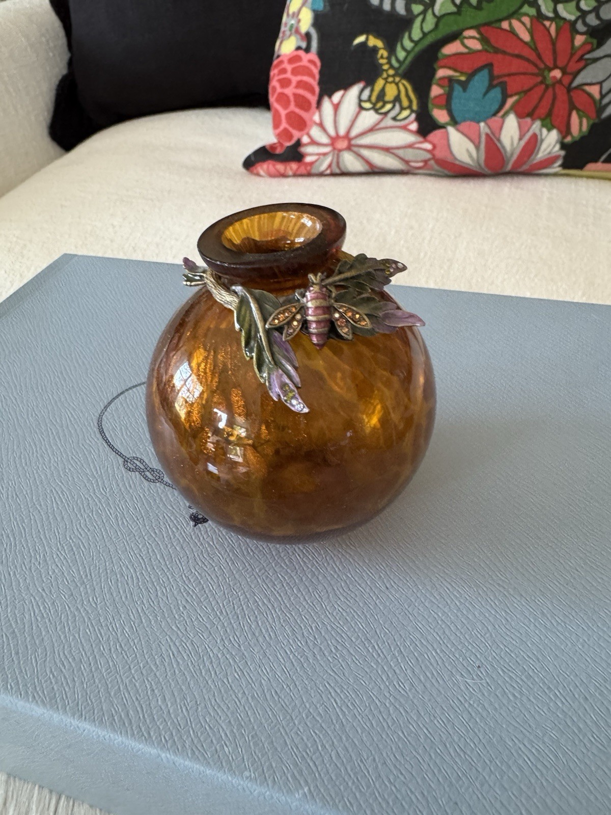 Jay Strongwater Short Round Brown & Gold Bee Embellished Bud Vase