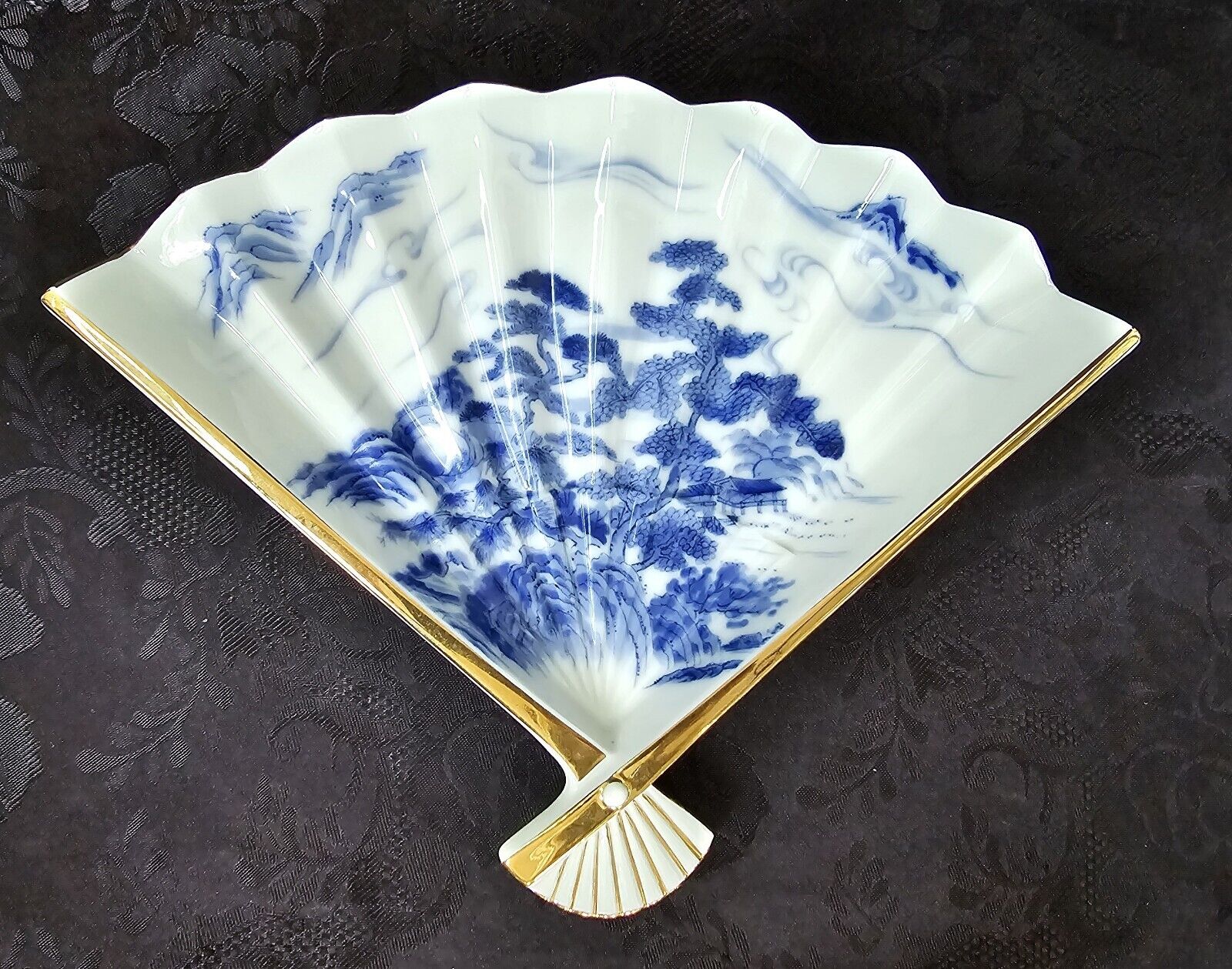 Vintage - Shibata - Japan Porcelain Fan Shaped Tray Blue And White Landscape