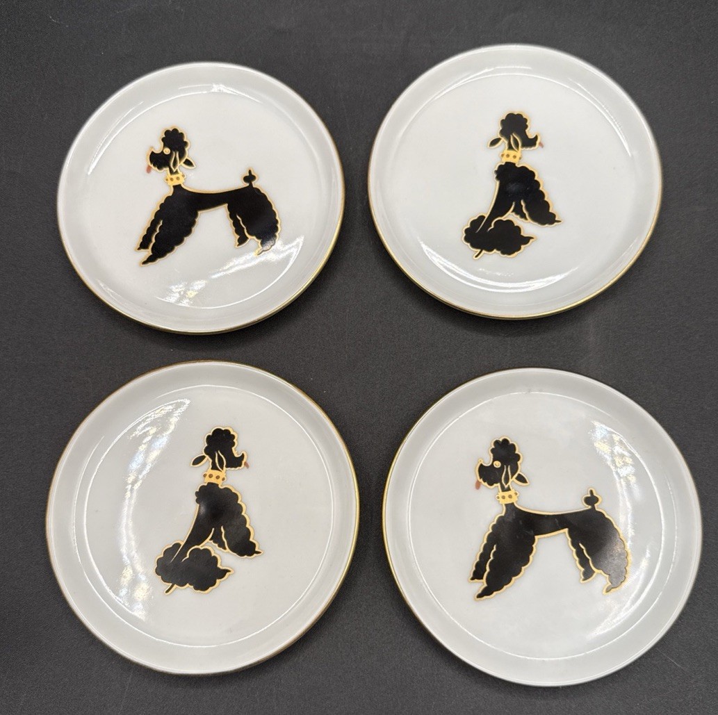 Vintage Black Poodle Dog Furstenberg Porcelain Coasters (4) Trinket Germany 50’s