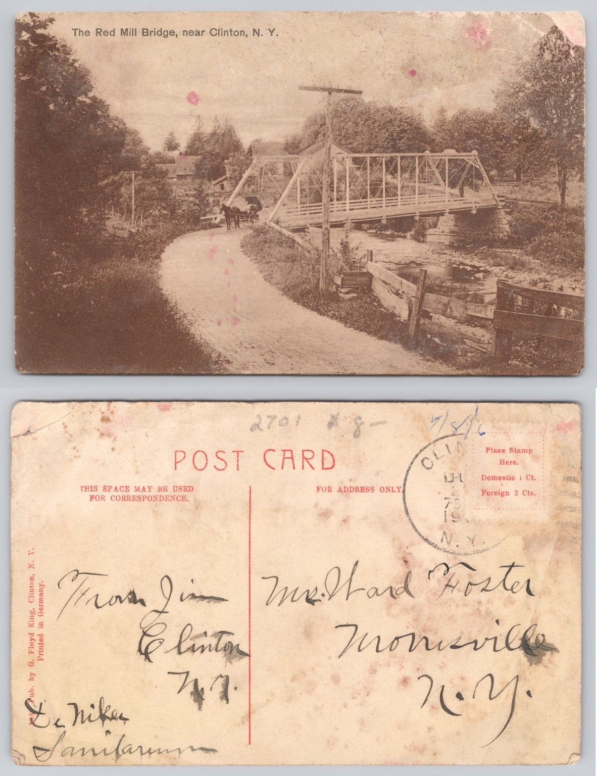 Red Mill Bridge Clinton NY Postcard c1910 G. Floyd King Printed Germany