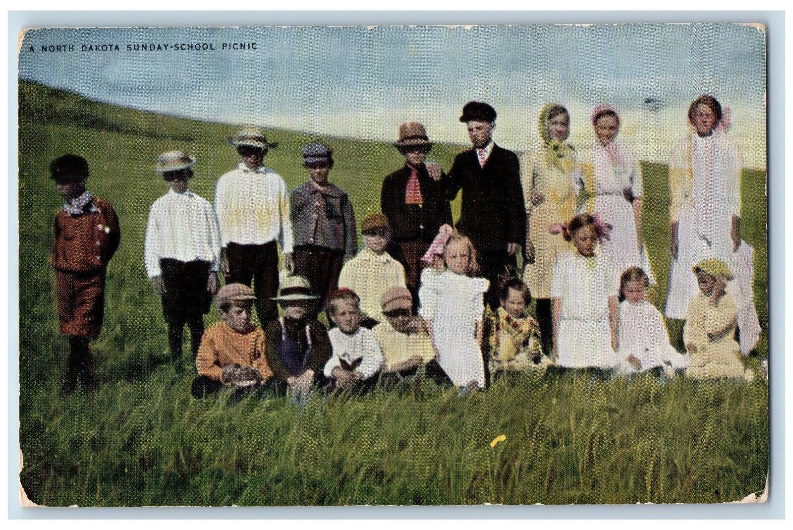 c1910's A North Dakota Sunday School Picnic Old Photo Kids & Young View Postcard