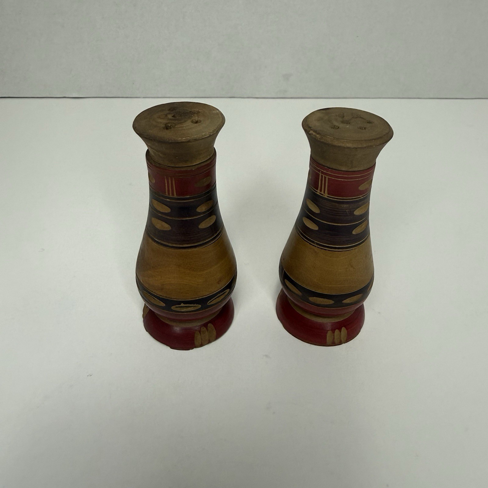 Vintage Hand Painted Wooden Salt & Pepper Shakers 3” Tall Folk Art Style