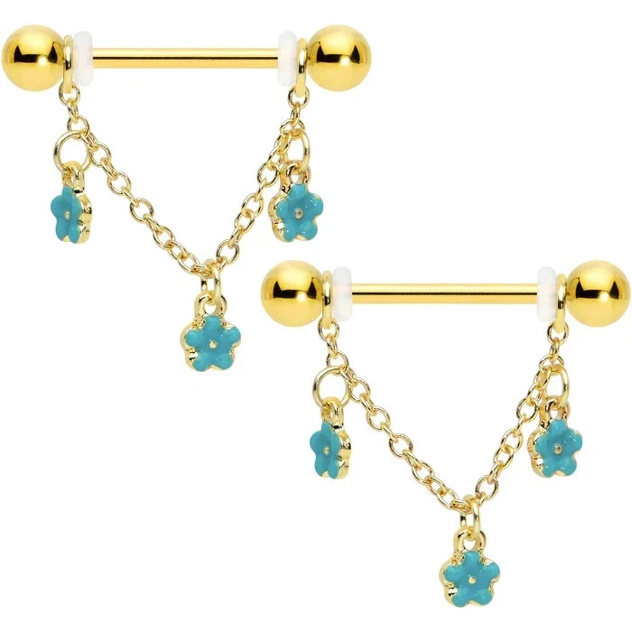 14 Gauge 18K Yellow Gold Over Blue Enamel Flowers Chain Dangle Nipple Ring Set