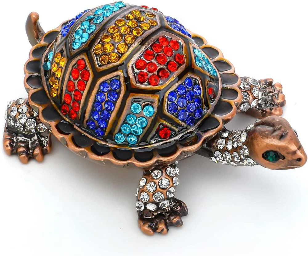 Vintage Turtle Jewelry Trinket Box Hinged Enamel Ring Holder 2.5 Inch