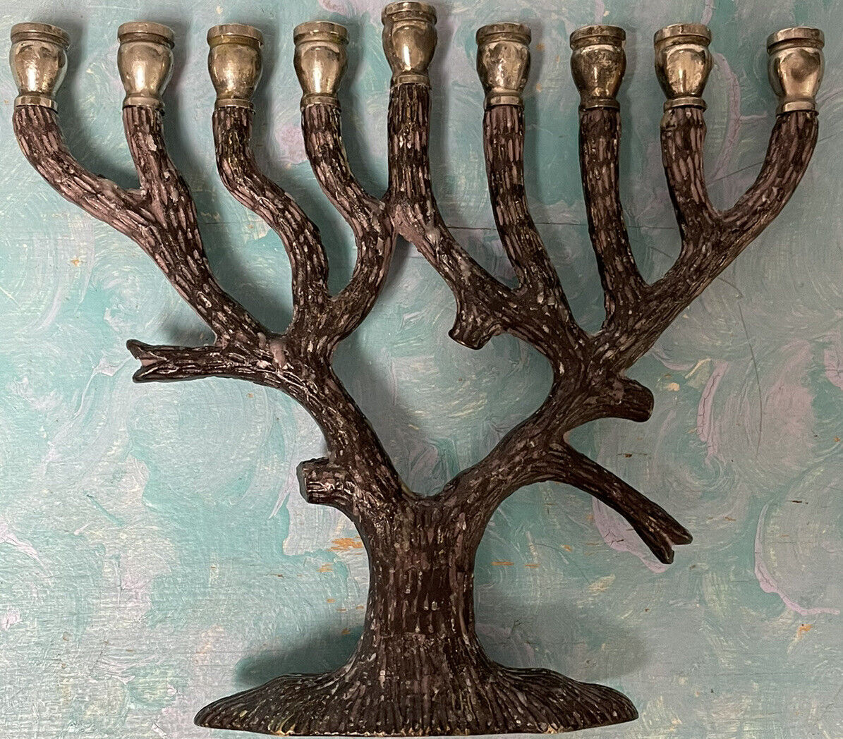 Vintage Zodiax Judaica Silver Hanukkah Tree Menorah India Organic Shape