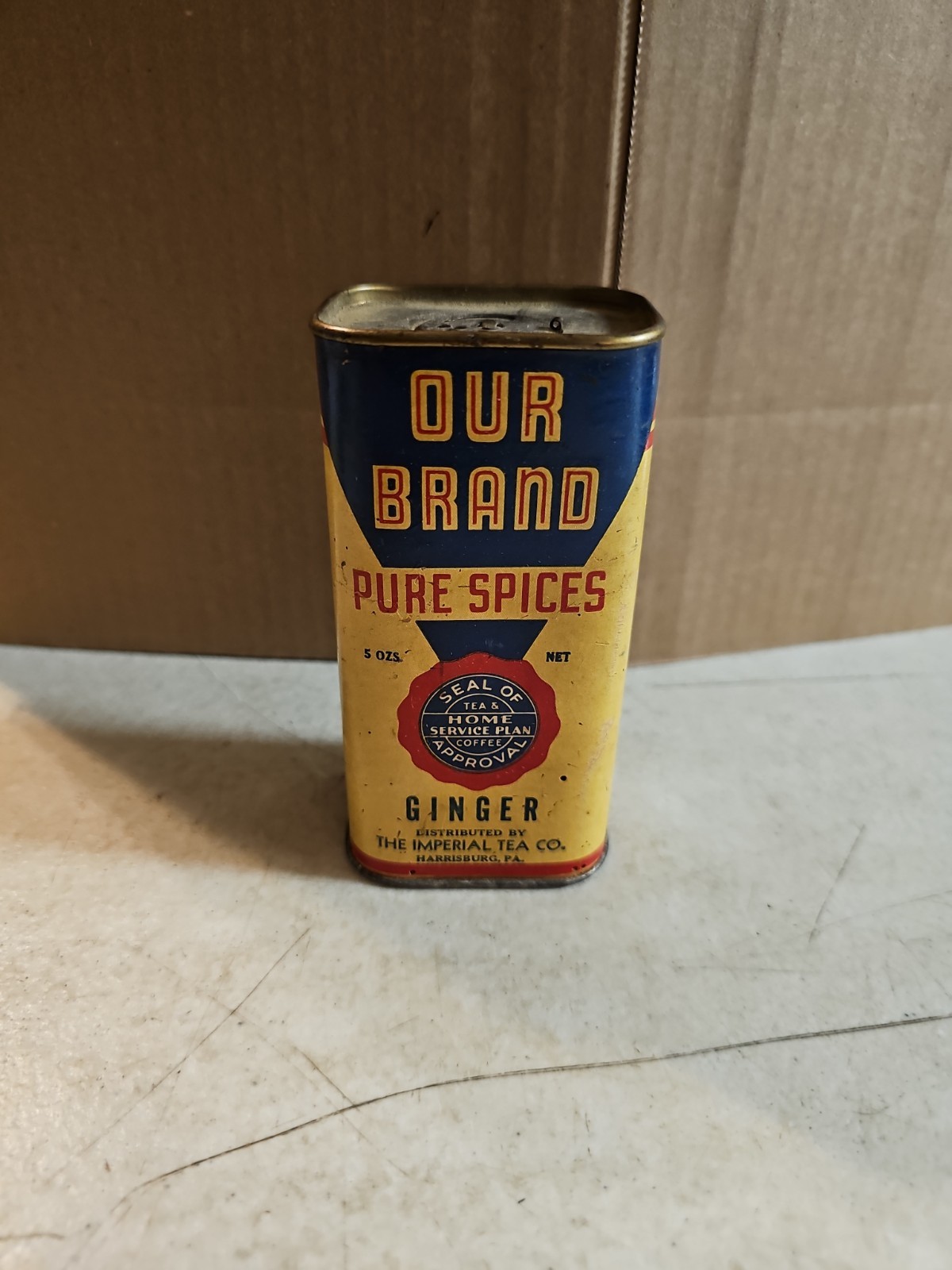 Vintage OUR BRAND Ginger SPICE TIN, IMPERIAL TEA Co. , HARRISBURG, PA Vintage OUR BRAND Ginger SPICE TIN, IMPERIAL TEA Co. , HARRISBURG, PA