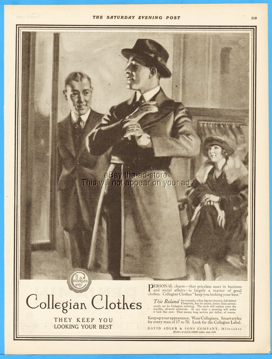 1921 David Adler Milwaukee WI Collegian Clothes 1920\'s Men\'s Fashion Clothing Ad
