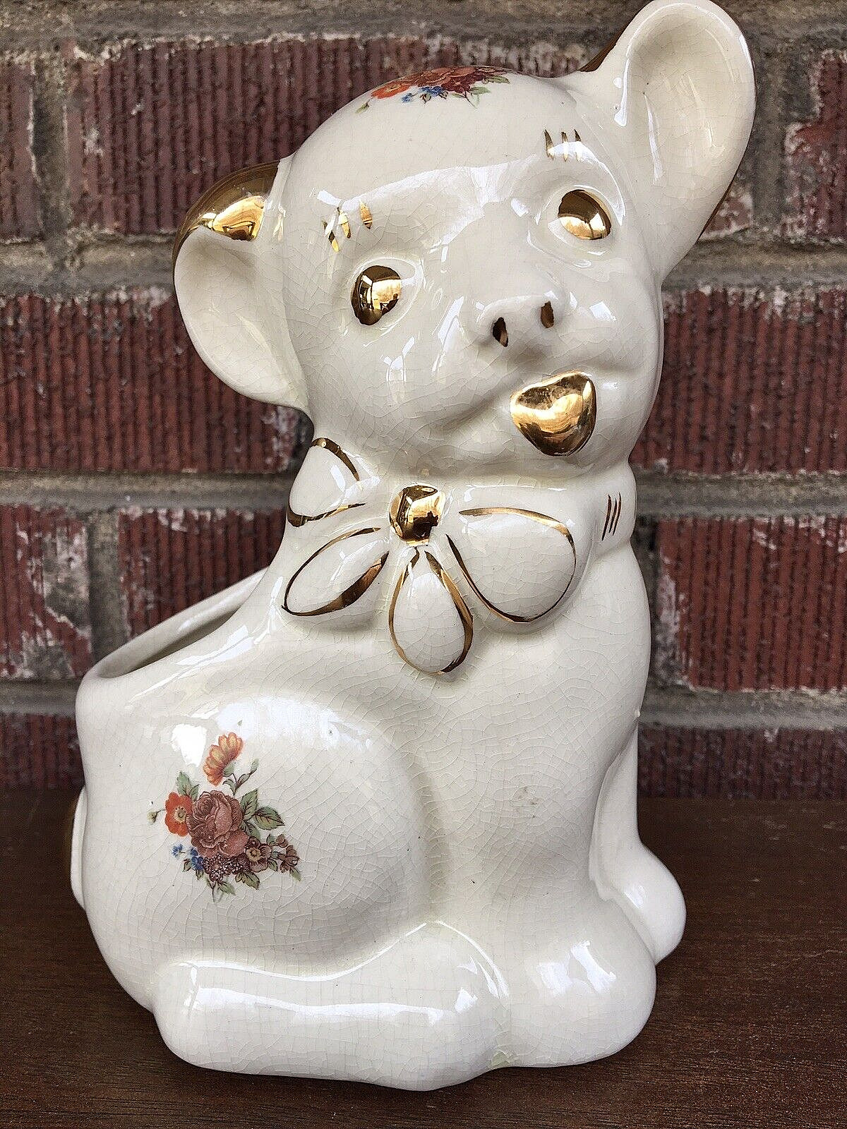 Vintage Ceramic Succulent Planter Baby Lamb Glazed with Gold Details 7.5\
