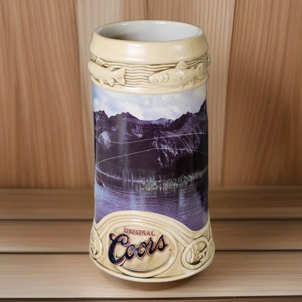 Vintage COORS ORIGINAL Beer Mug Stein Fly Fishing Rocky Mountains Collectible