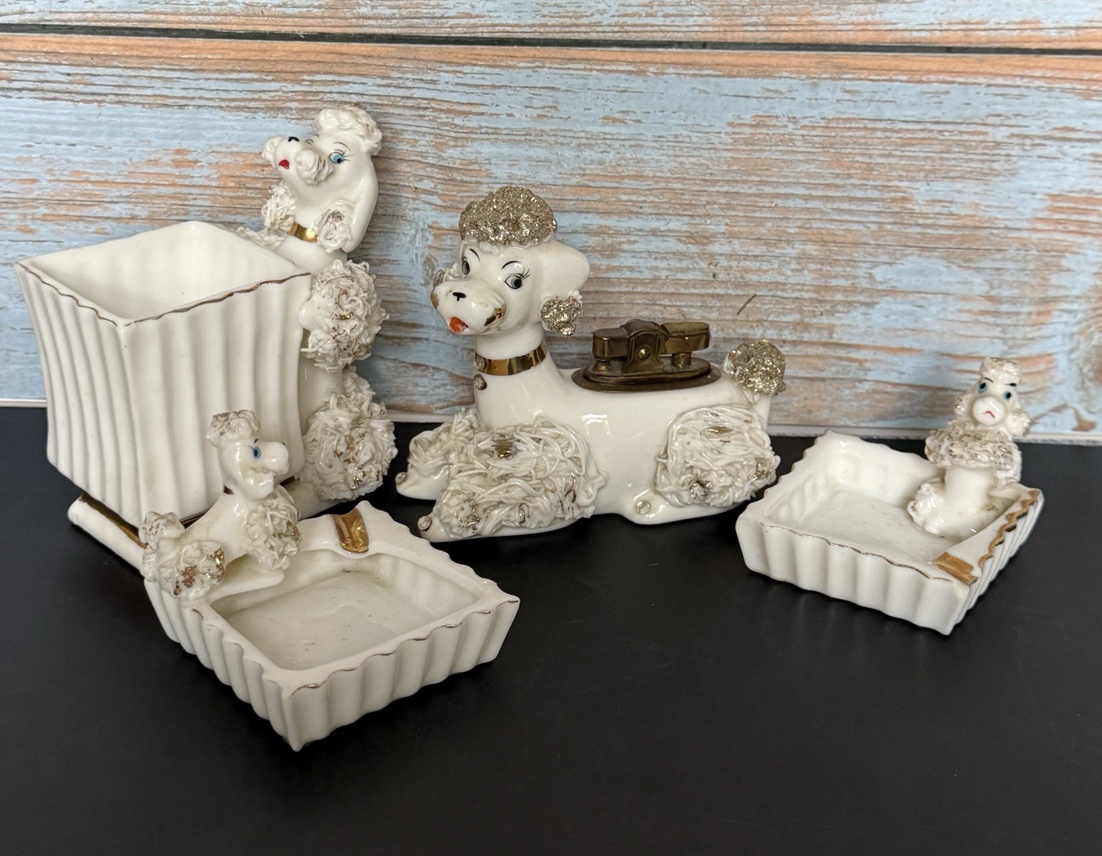VTG Spaghetti Poodle Set Holder Tabletop Lighter Ashtrays Gold Glitter Rhineston VTG Spaghetti Poodle Set Holder Tabletop Lighter Ashtrays Gold Glitter Rhineston