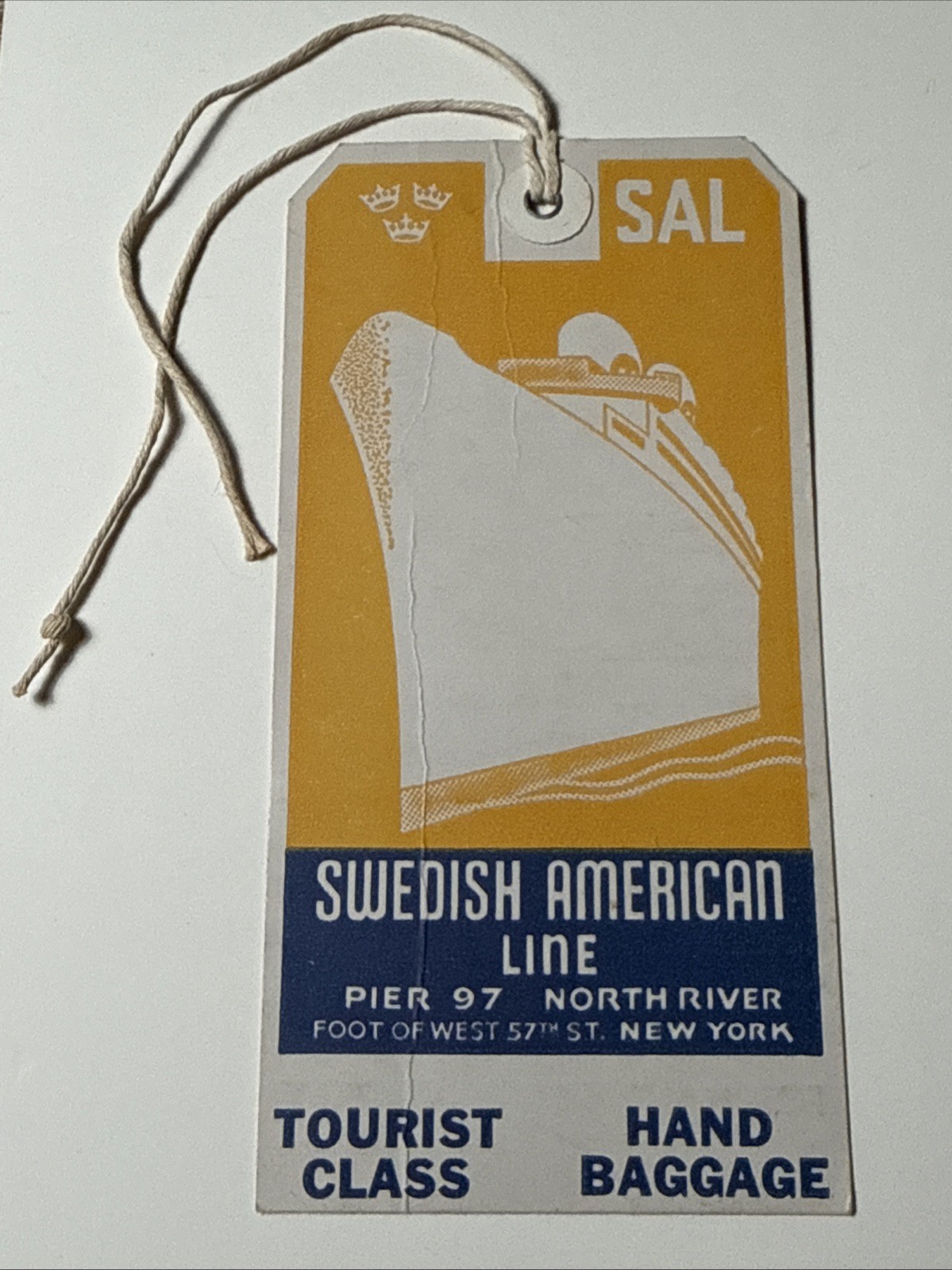 1960s MS Kungsholm Swedish American Cruise Ship Tourist Class Luggage Tag Vtg