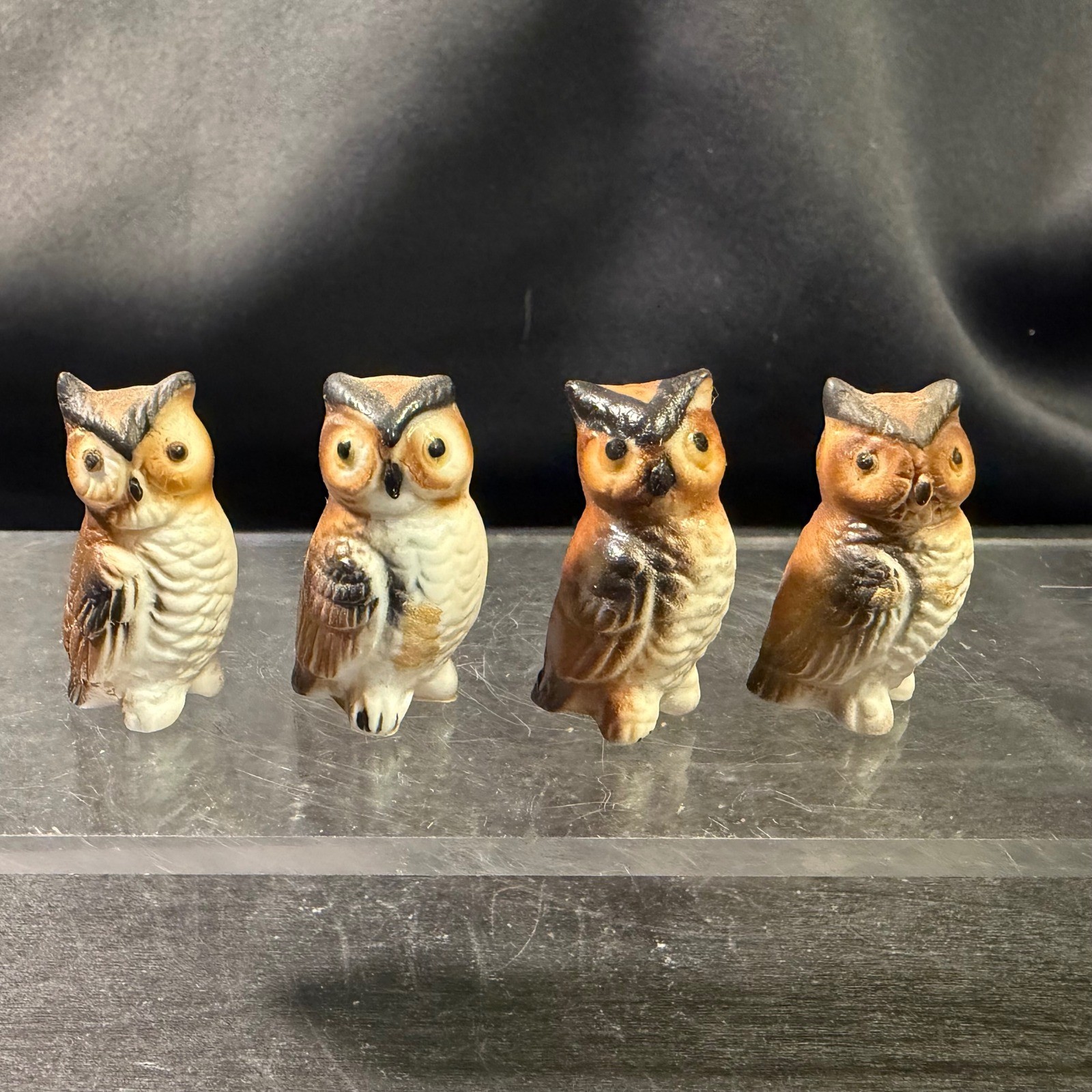 Vintage Miniature Ceramic Owl Figurines Set of 4 Brown Cream Hand Painted