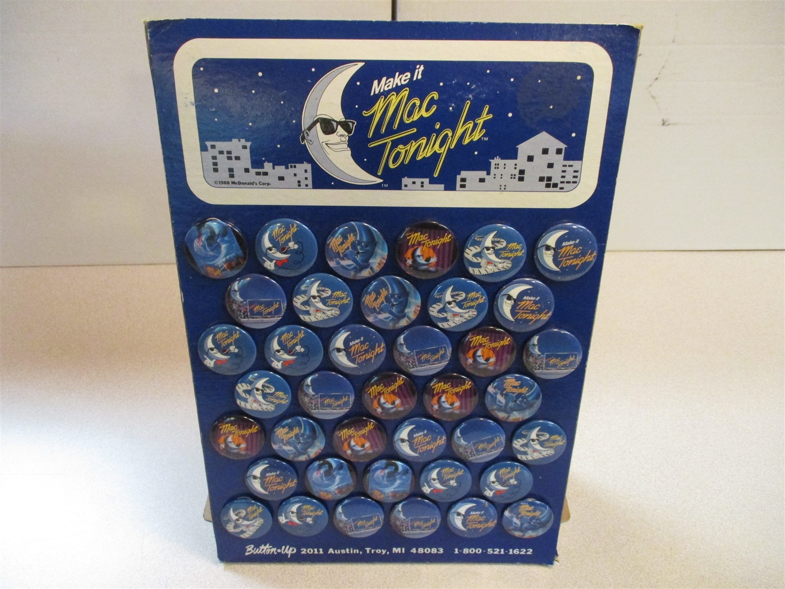 McDonalds 1988 Mac Tonight Button (Pin) Display - 39 Buttons - New Old Stock