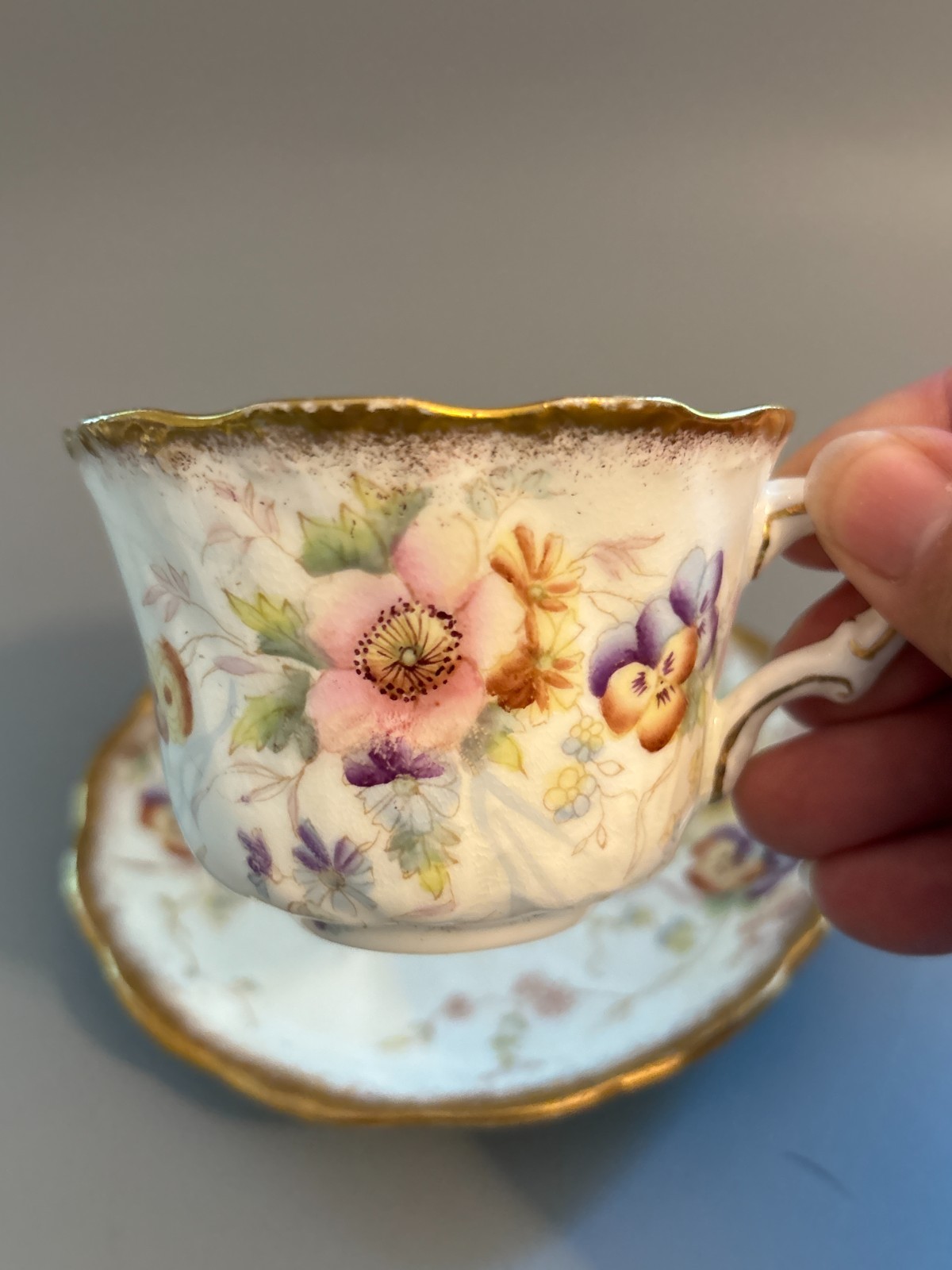 Antique Redfern Drakeford Pansy Teacup Saucer Set Gold Gilt RD 322753 England