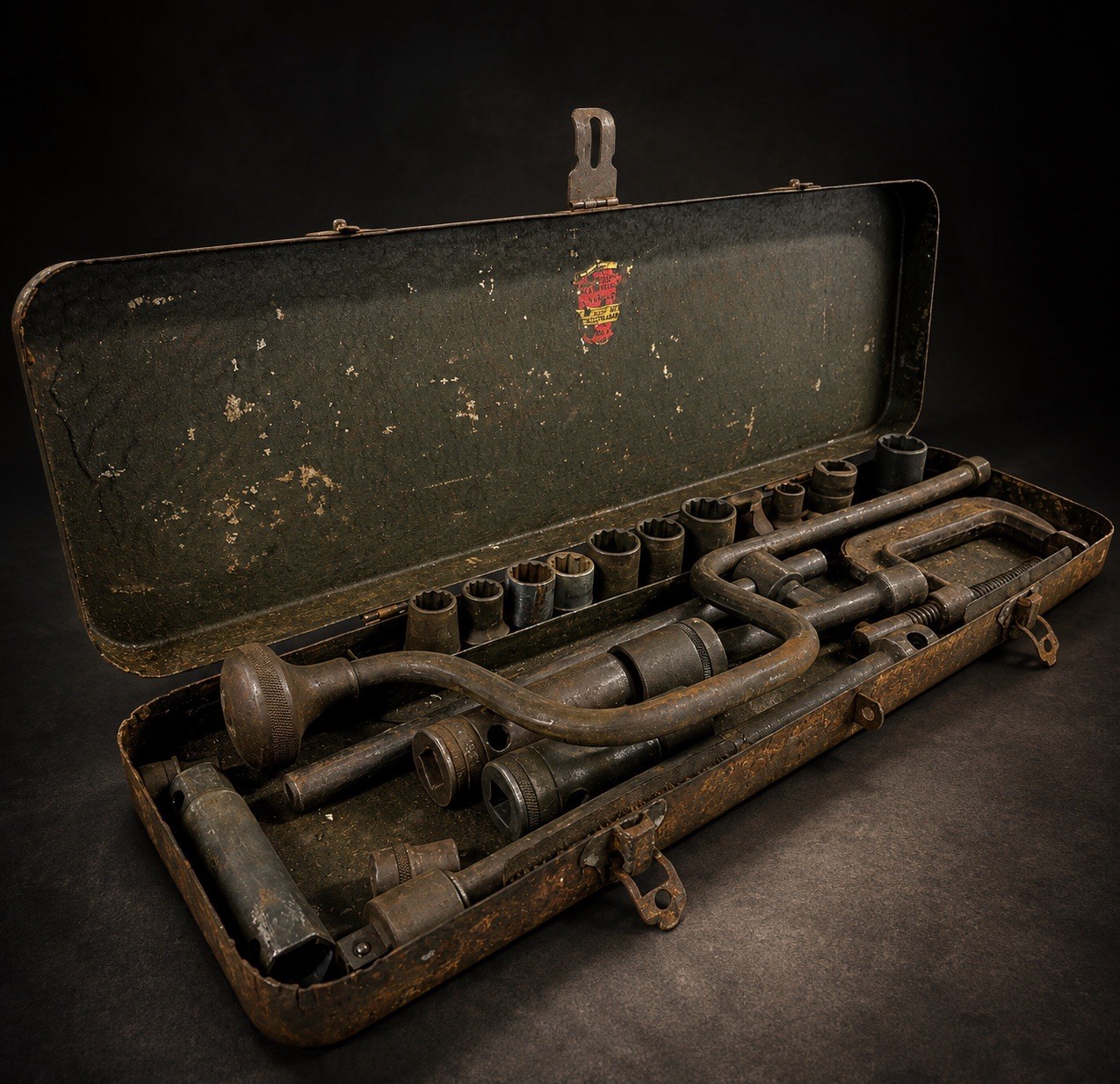 Vintage Duro-Chrome Socket Wrench Set 19” Metal Case Antique Industrial Decor