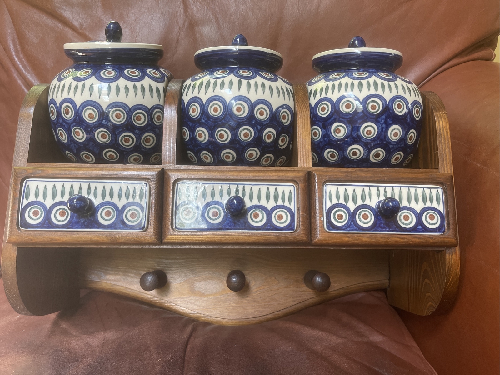 Unique Polish Pottery Peacock Design 3 Canisters  and 3 Drawer Wood Set