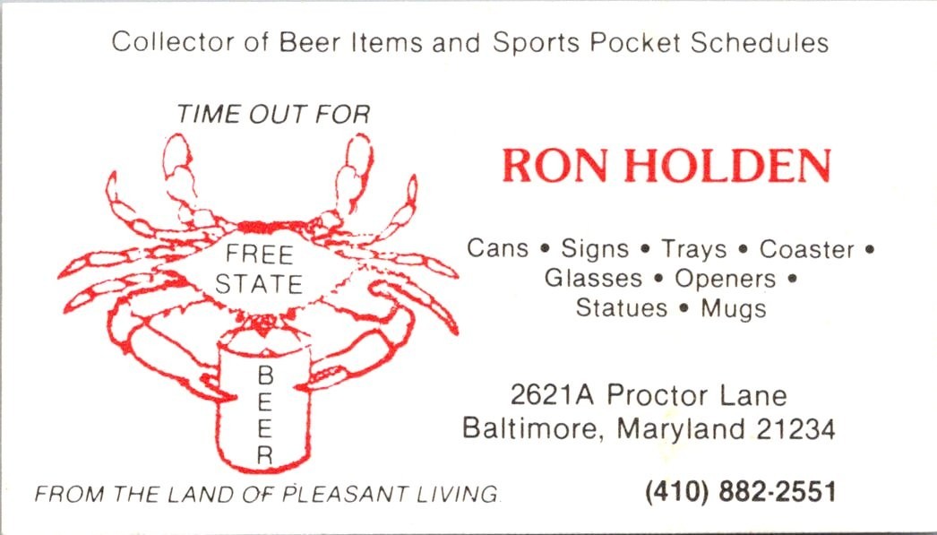 Collector of Beer Items Ron Holden Baltimore MD Vintage Business Card 5MM28-6