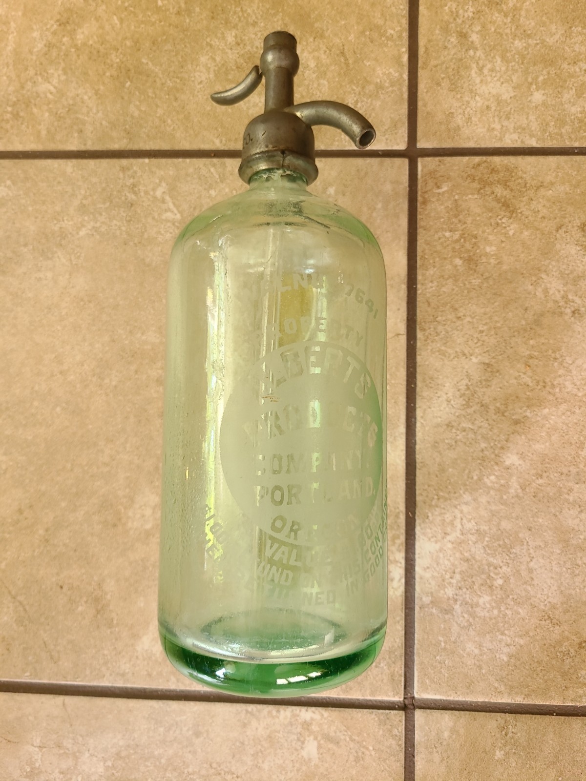 Seltzer Bottle Light Green Portland Oregon Albert\'s Products Etched Lettering 