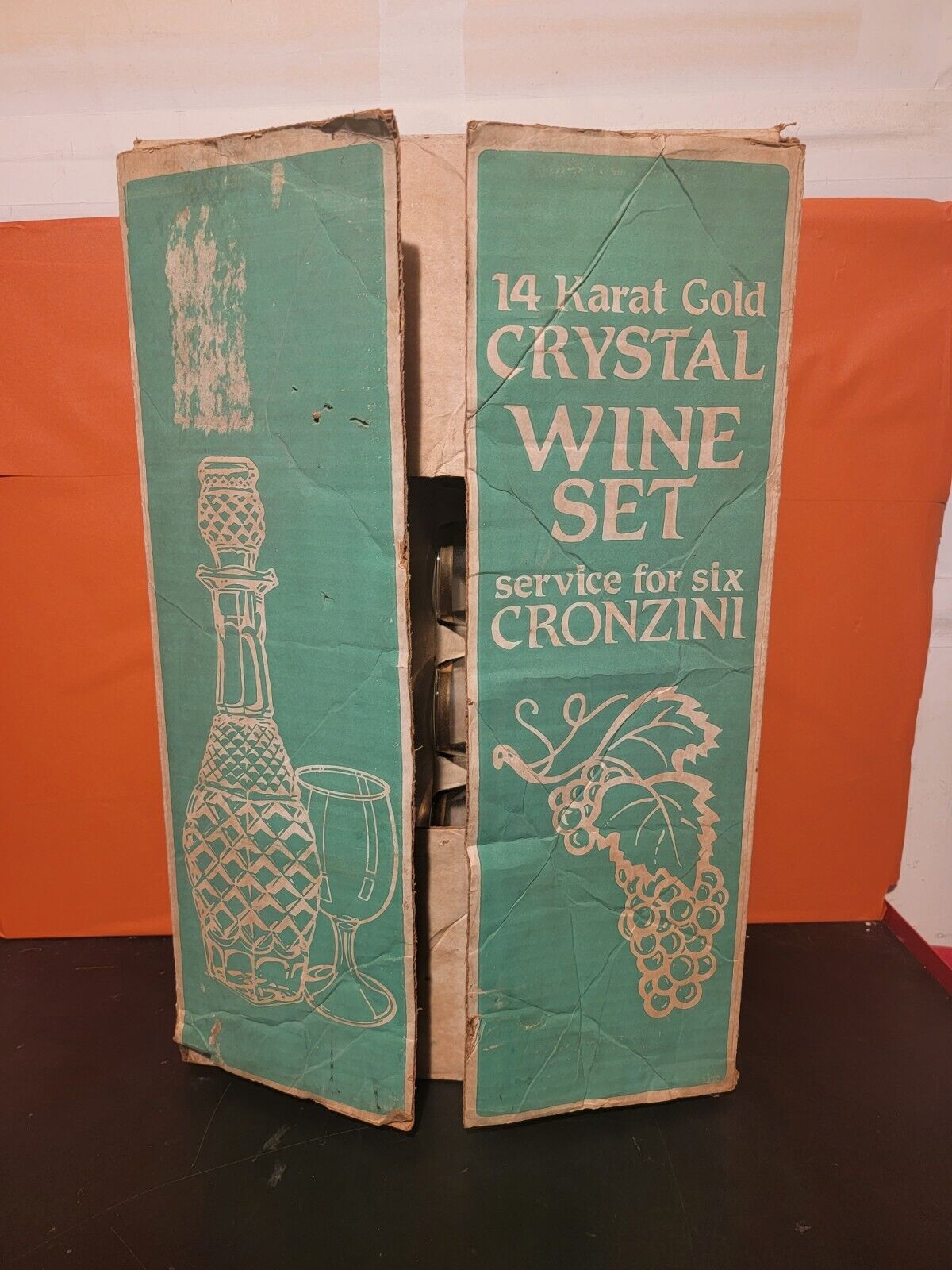 Vintage 14K Gold Cronzini Crystal Wine Decanter Set Service for 6 w Original Box