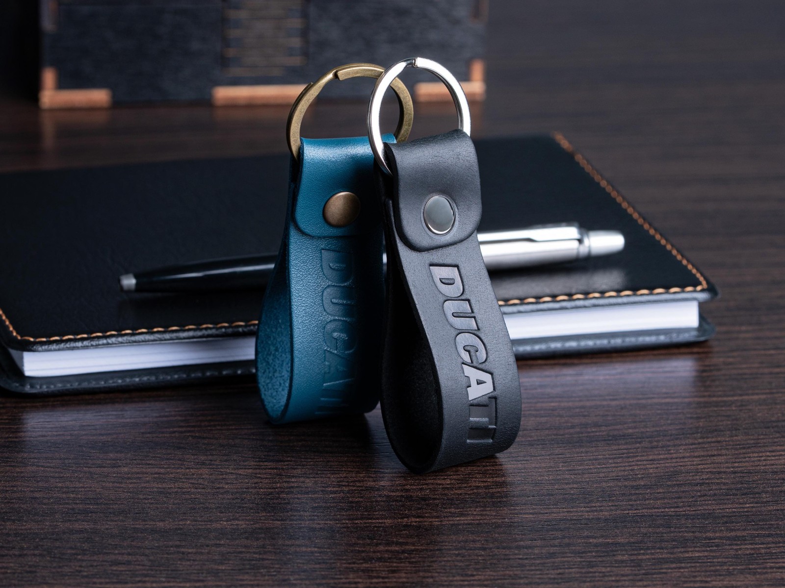 DUCATI Leather Keychain: Full-Grain or Crazy Horse Leather Motorcycle Keyring