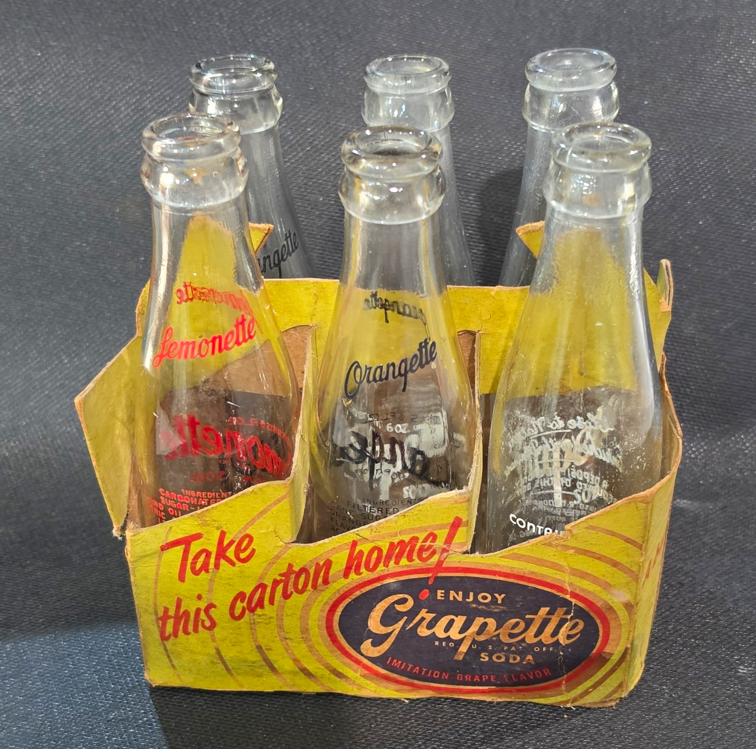 Grapette Vintage Clear Soda Glass Bottles w/ Carrier Carton Lemonette Orangette