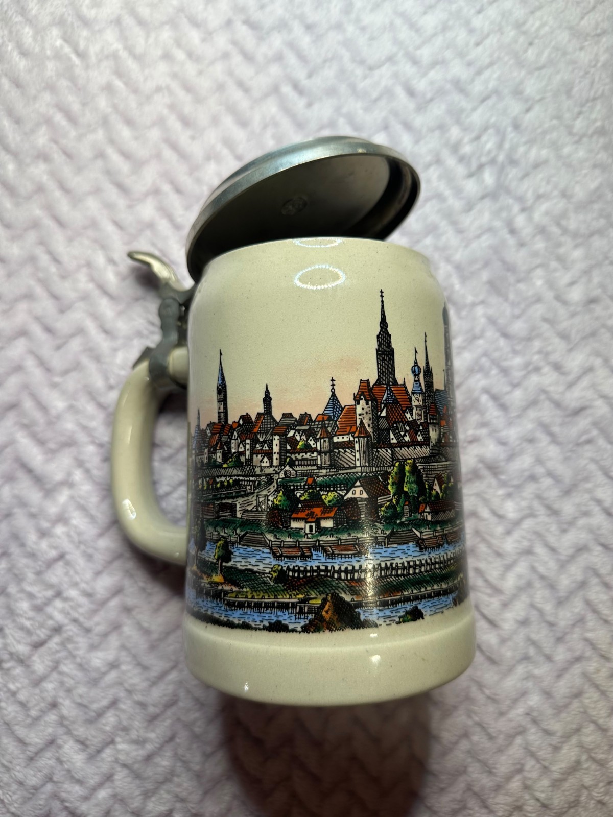 VTG German Beer Stein Porcelain Village River Lowenbrau Pewter Lid Erbo ZINN VTG German Beer Stein Porcelain Village River Lowenbrau Pewter Lid Erbo ZINN