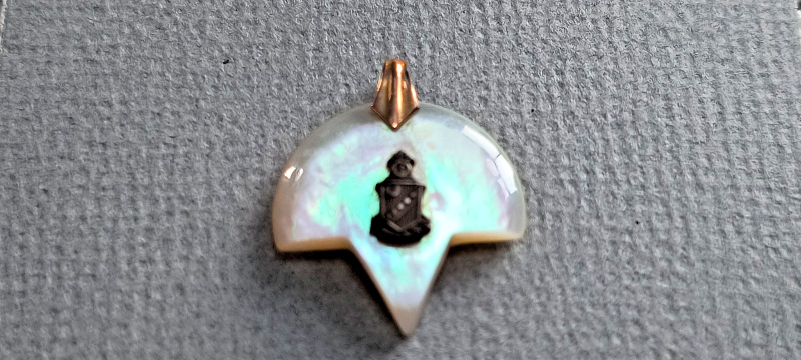 Vtg Mother of Pearl & Gold College / University / Sorority Necklace Pendant Vtg Mother of Pearl & Gold College / University / Sorority Necklace Pendant