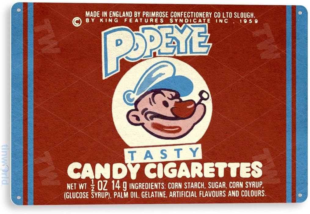 Tinworld Tin Sign: Popeye Candy Cigarettes Label Tin Metal Signs Vintage Retro K