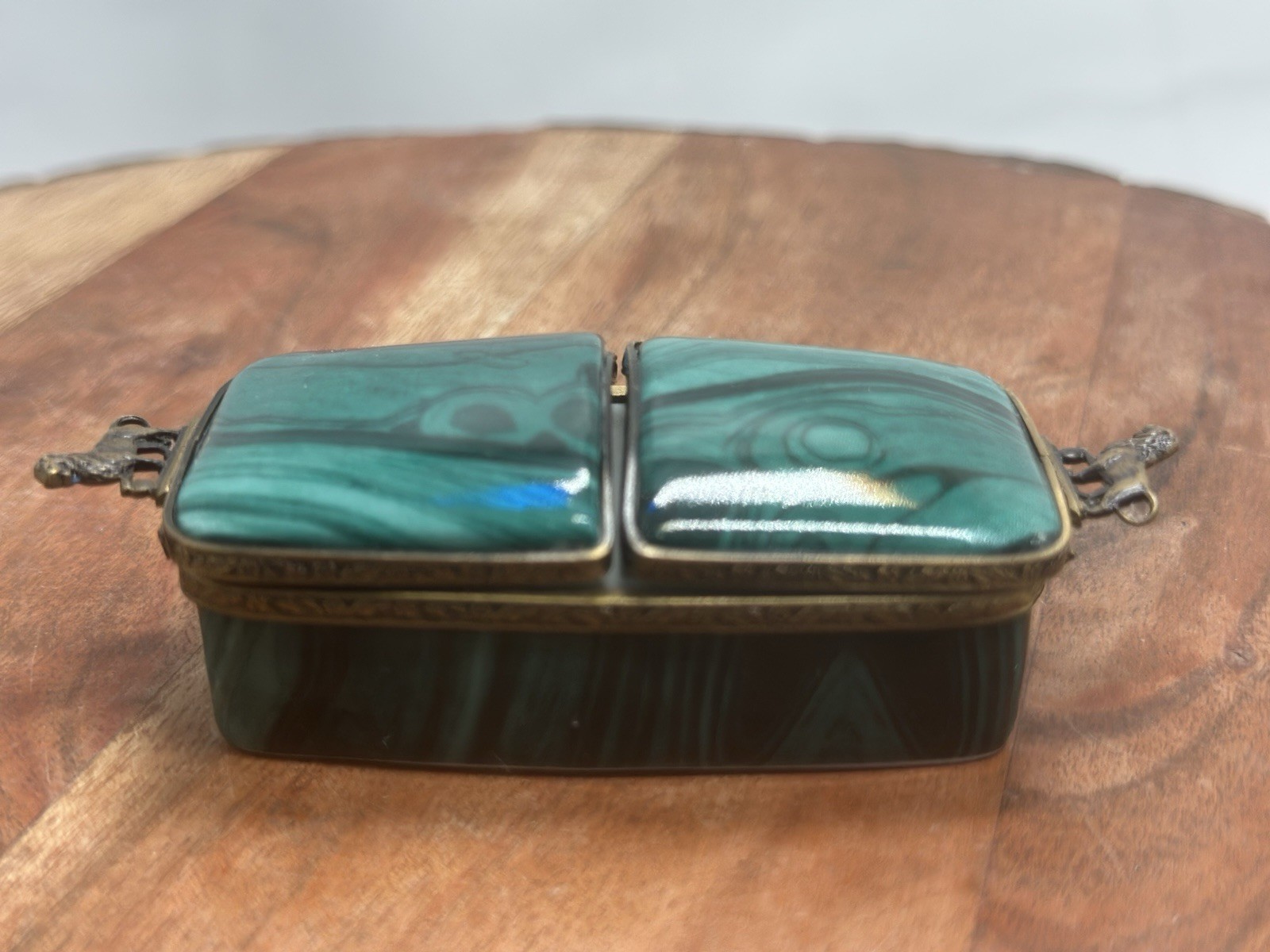 LIMOGES France French Lion Accents Trinket Box Malachite Marble Double RARE