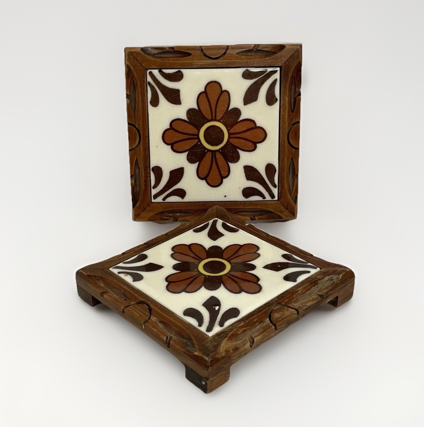 2 ct VTG DAL TILE Wood Frame Ceramic Tile Trivet Hot Plate Brown Floral Mexico 2 ct VTG DAL TILE Wood Frame Ceramic Tile Trivet Hot Plate Brown Floral Mexico