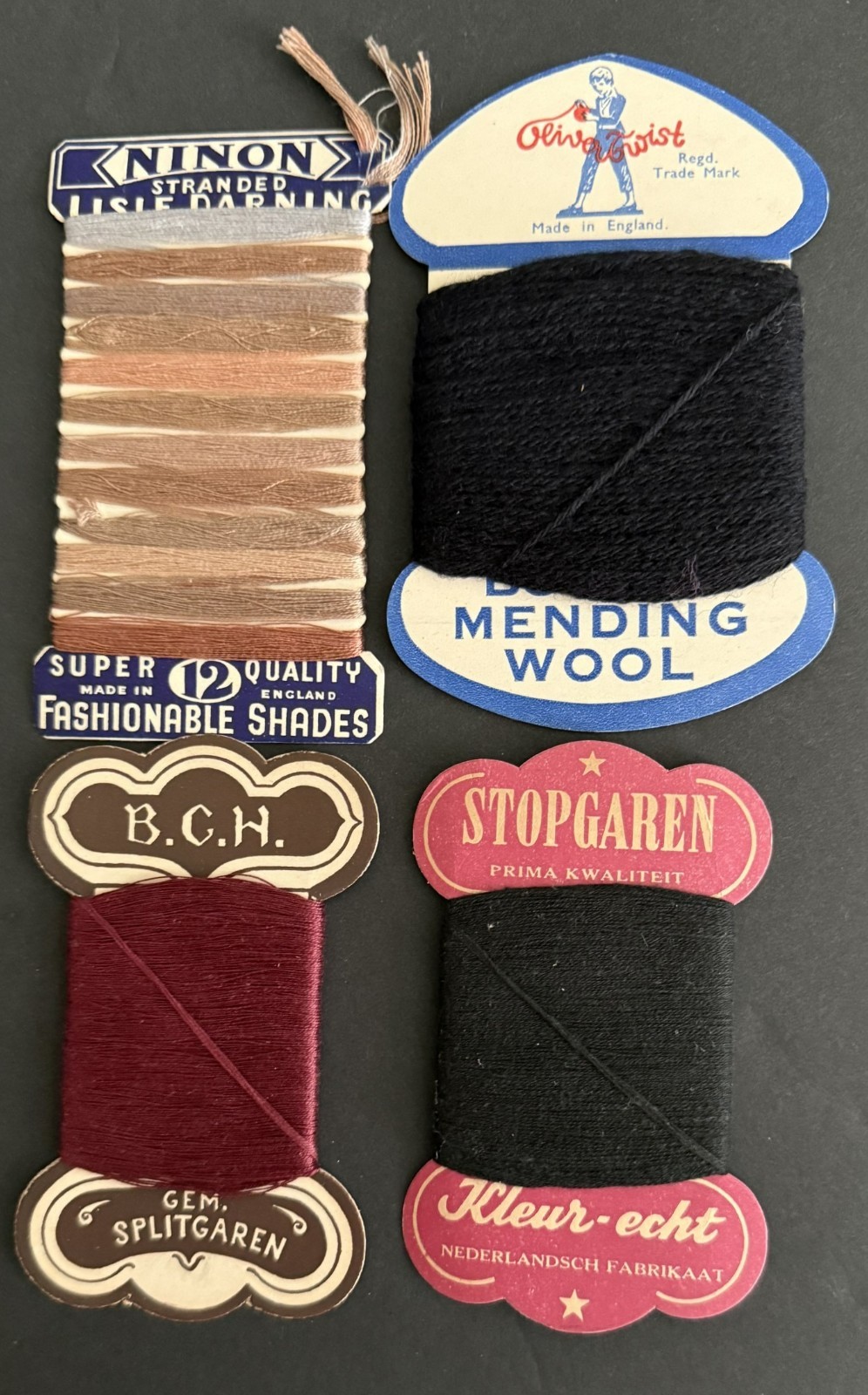 Vintage Lot Four (4) Display Cards of Thread, Mending Wool, Wool 1920 - 1950 NOS