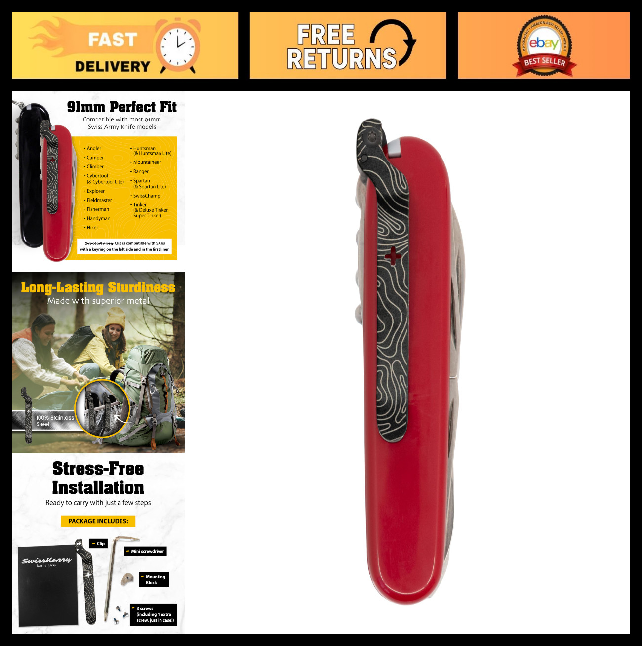Customizable Black Clip for 91mm Swiss Army Knife - 4 Designs, Ready for Adventu