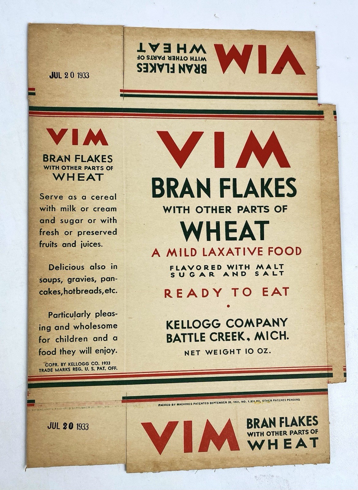 Very RARE 1933 Kellogg\'s VIM Bran Flakes FLAT 10 Oz. Box ~ A Mild Laxative Food Very RARE 1933 Kellogg\'s VIM Bran Flakes FLAT 10 Oz. Box ~ A Mild Laxative Food