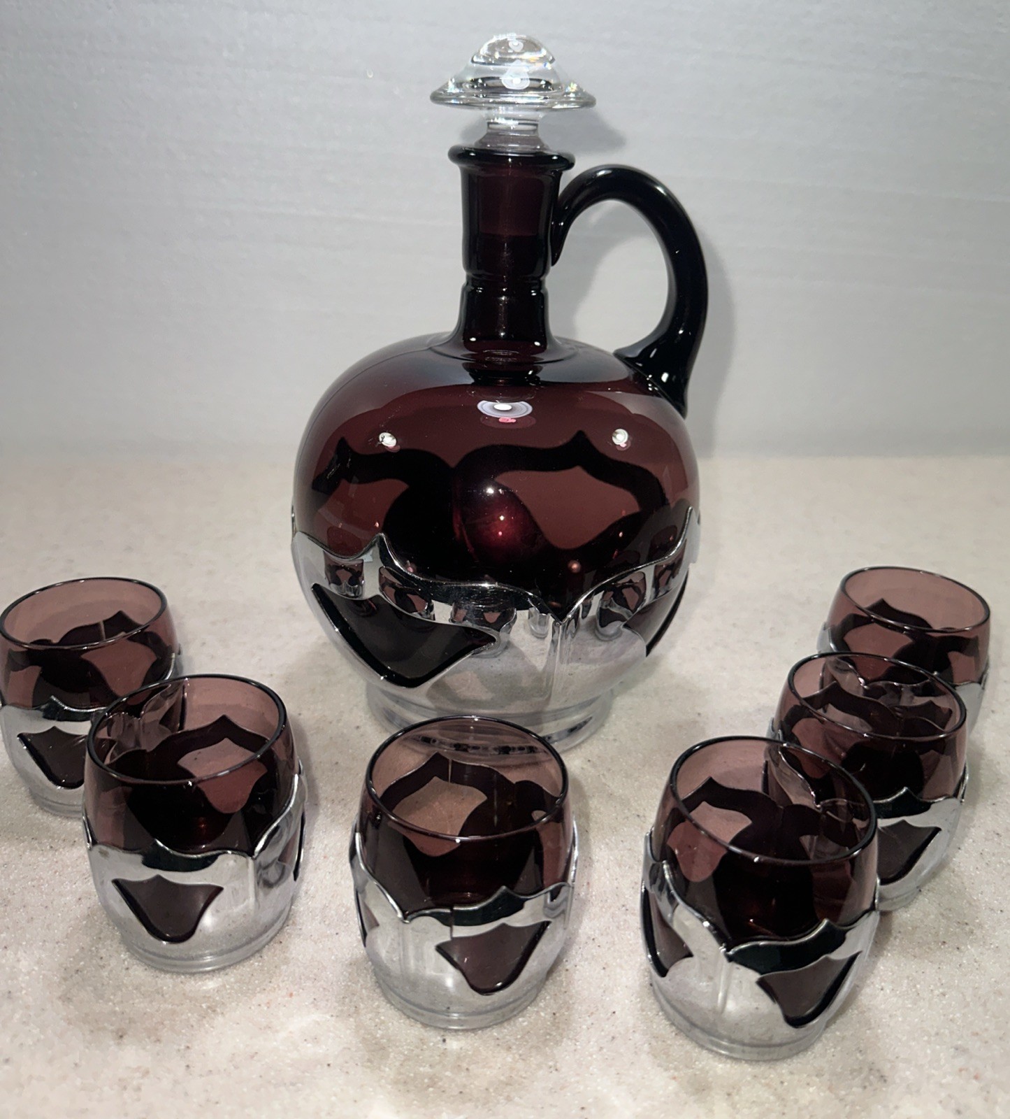 Vnt 1930’s FARBER BROS ART DECO AMETHYST DECANTER, 6 CORDIAL GLASSES W CHROME