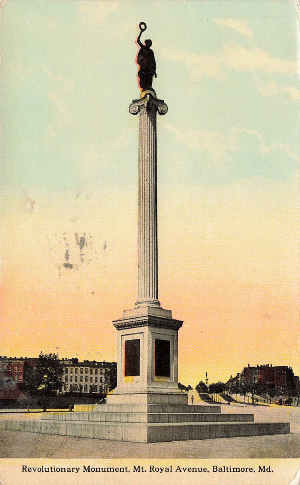 REVOLUTIONARY MONUMENT AT MT ROYAL AVENUE POSTCARD BALTIMORE MD MARYLAND 1914