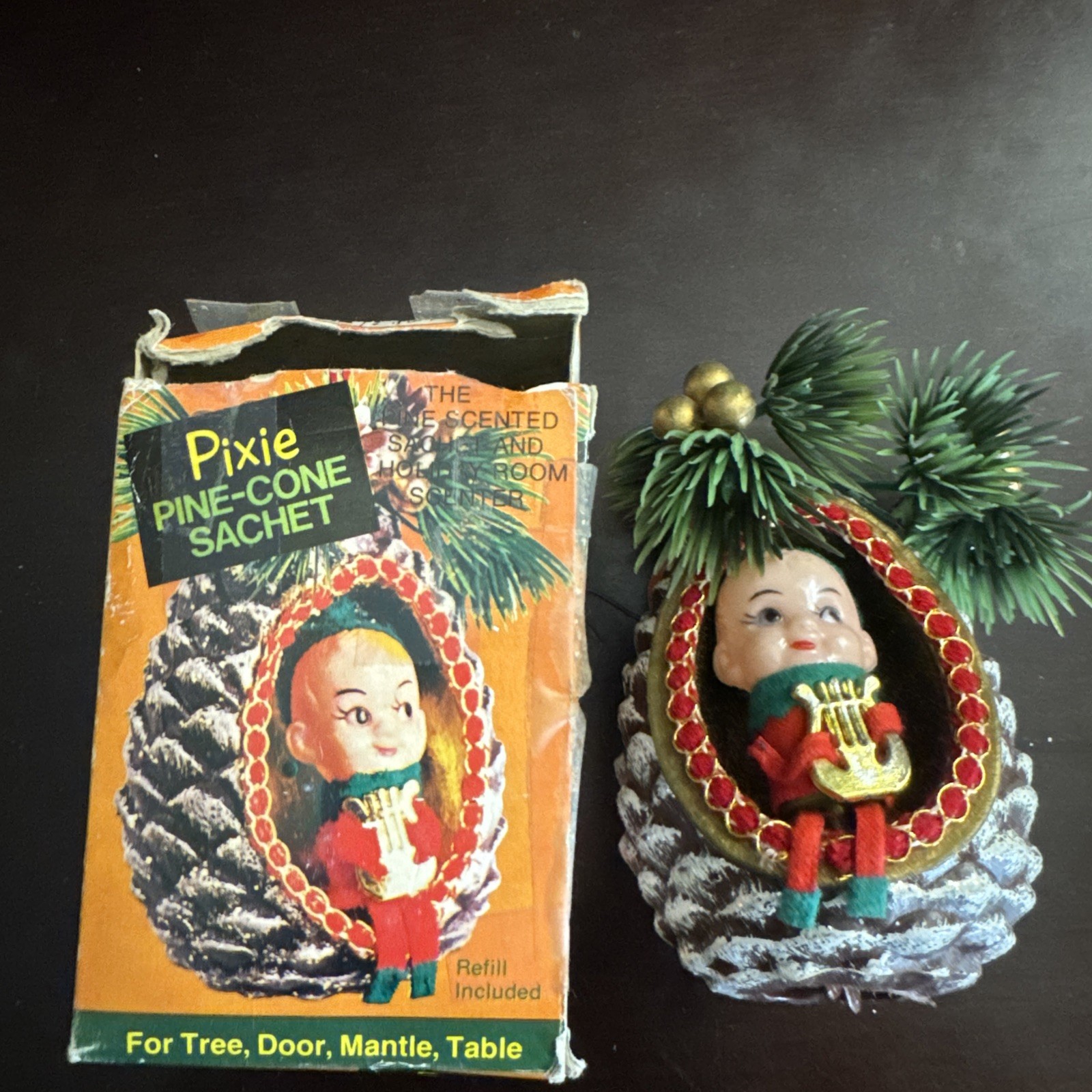 Pixie Pinecone Sachet Diorama Ornament in Original Box Vintage Christmas