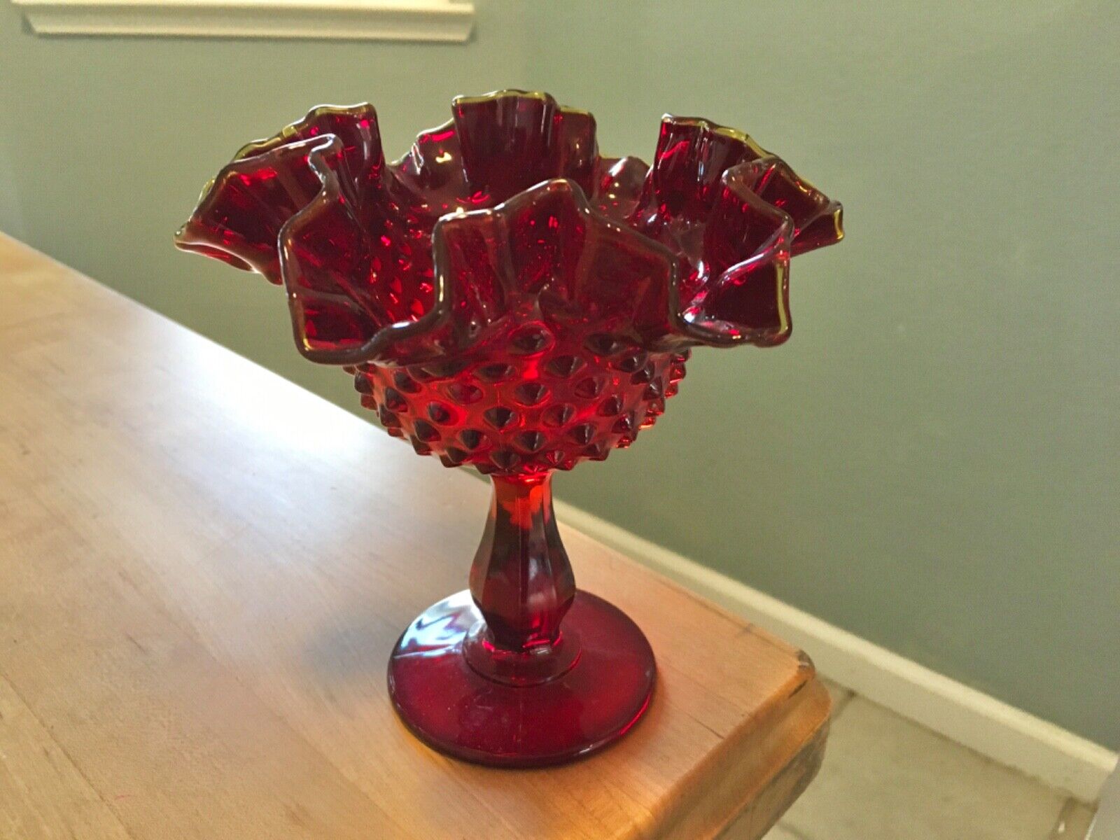 Fenton Ruby Red Hobnail Compote, Ruffled, Vase 6” Tall Vintage Fenton Glass.