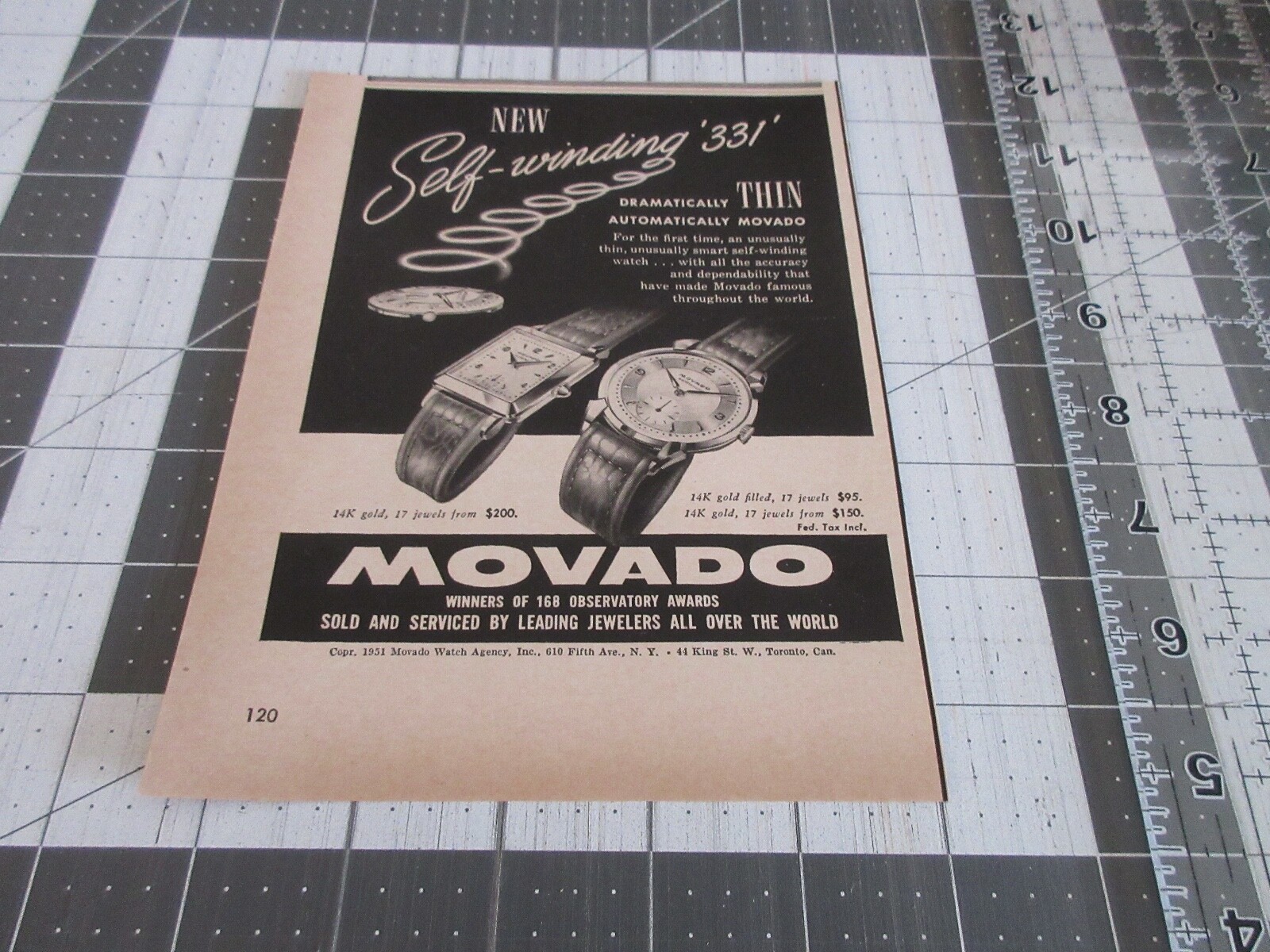 1951 Movado Watch Print Ad, Self-winding '331'