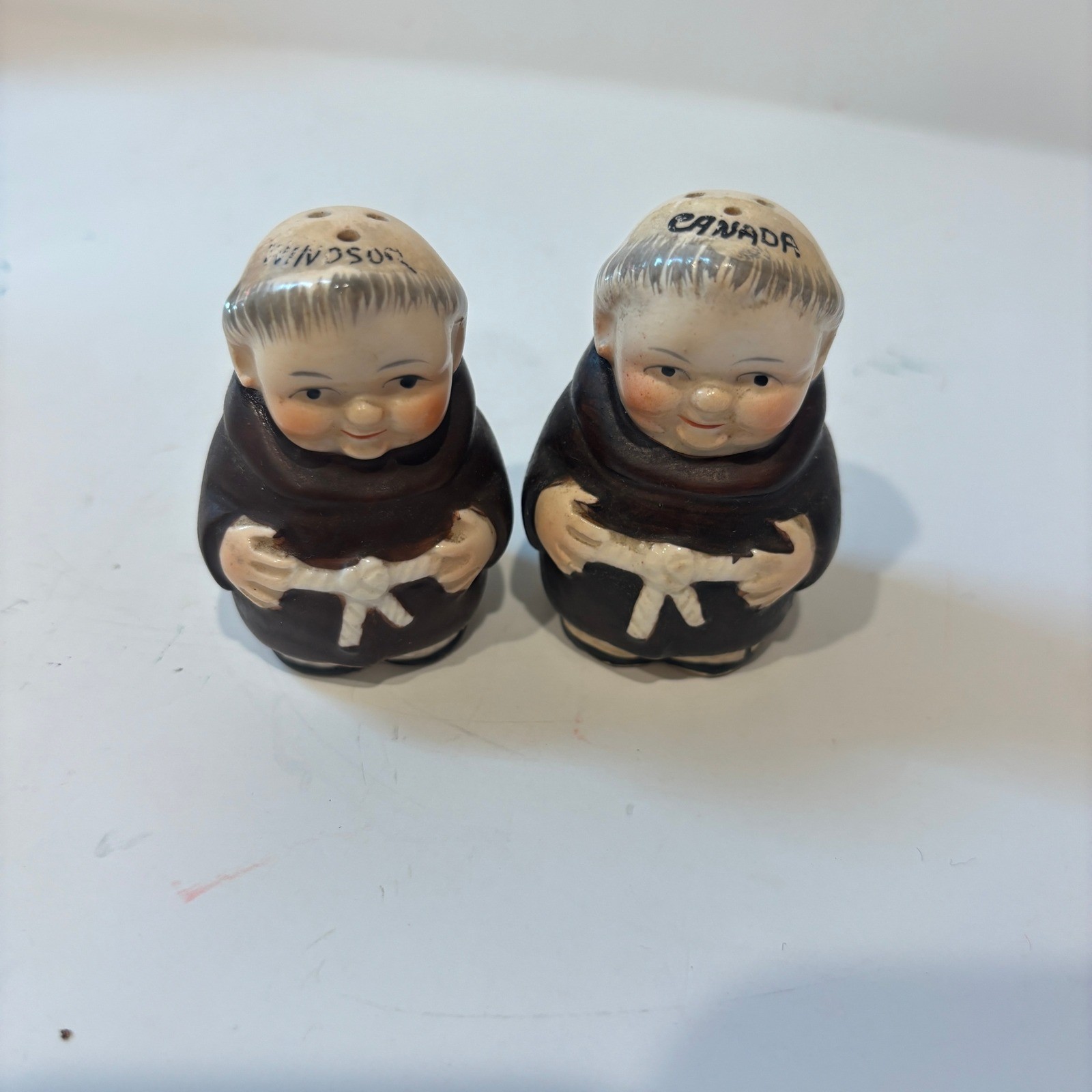 Vintage Friar Tuck Monk Salt and Pepper Shakers Windsor Canada Ceramic Souvenir