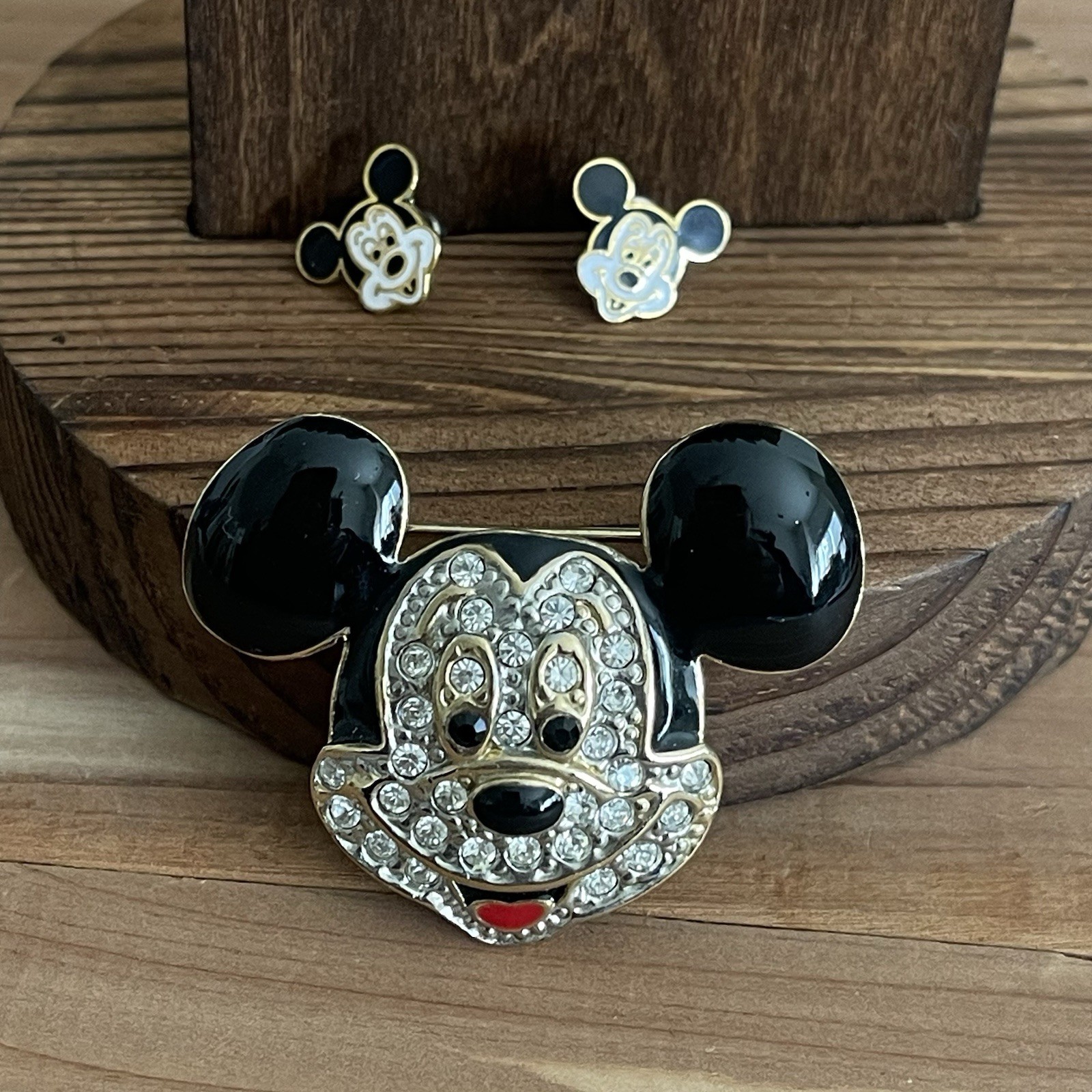 Vintage Crystal Enamel Mickey Head Brooch Signed Disney W/Mini Earring Set