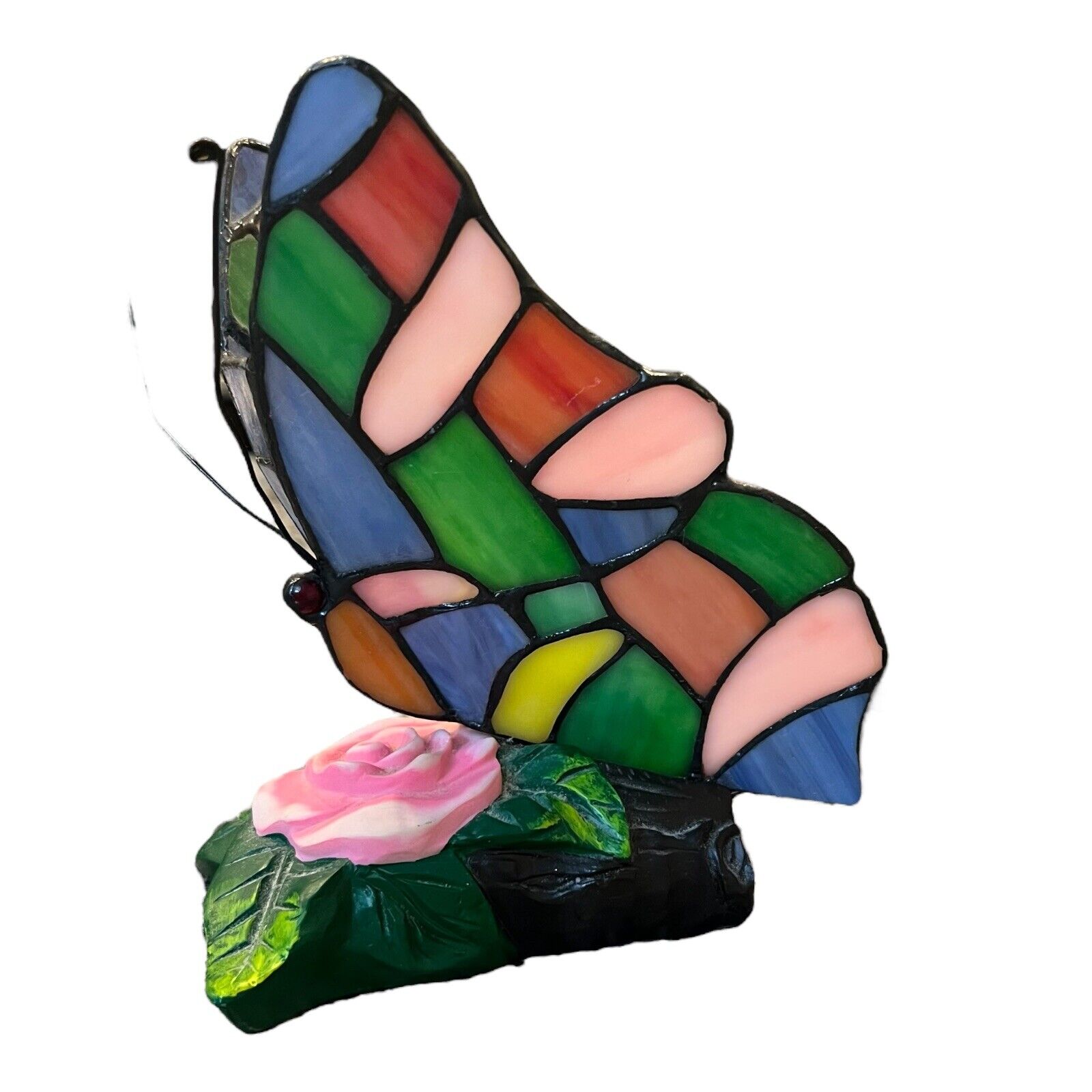 Stained Glass Butterfly Table Lamp With Pink Flower Base Multi Color Wings